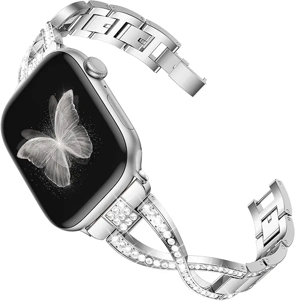Odbeai Stylish Diamond Metal Band Compatible with Apple Watch Bands for Women 40mm 38mm 41mm 42mm 44mm 45mm 46mm 49mm,Steel Cute Dressy X-Shaped Bracelet for iWatch Bands Series SE 11 10 9-1 Ultra