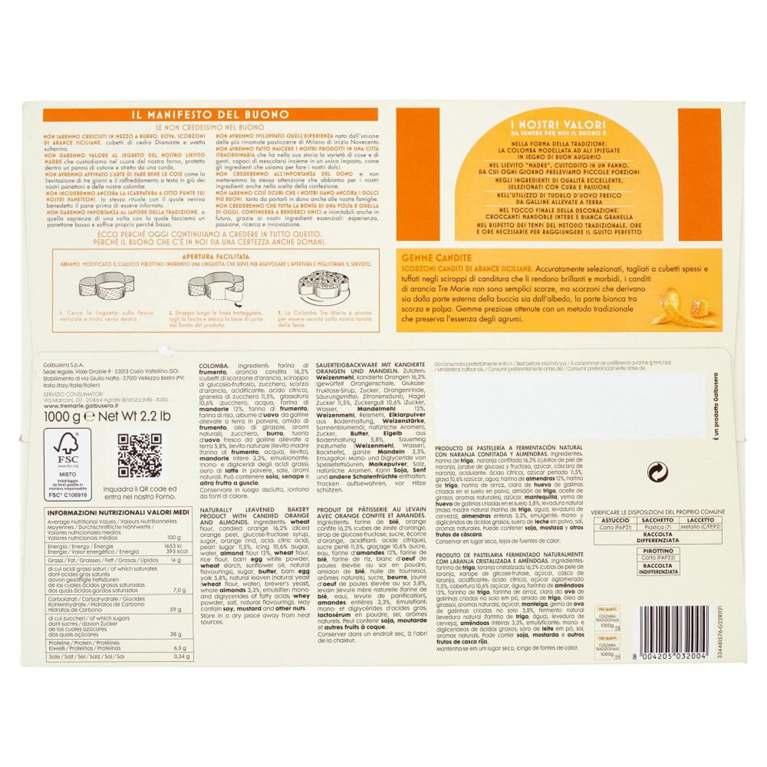Tre Marie Colomba Tradizionale Typisches Dessert der Ostertradition Osterkuchen mit kandierten Schalen sizilianischer Orangen, knackigen ganzen Mandeln und Kristallzucker 1Kg