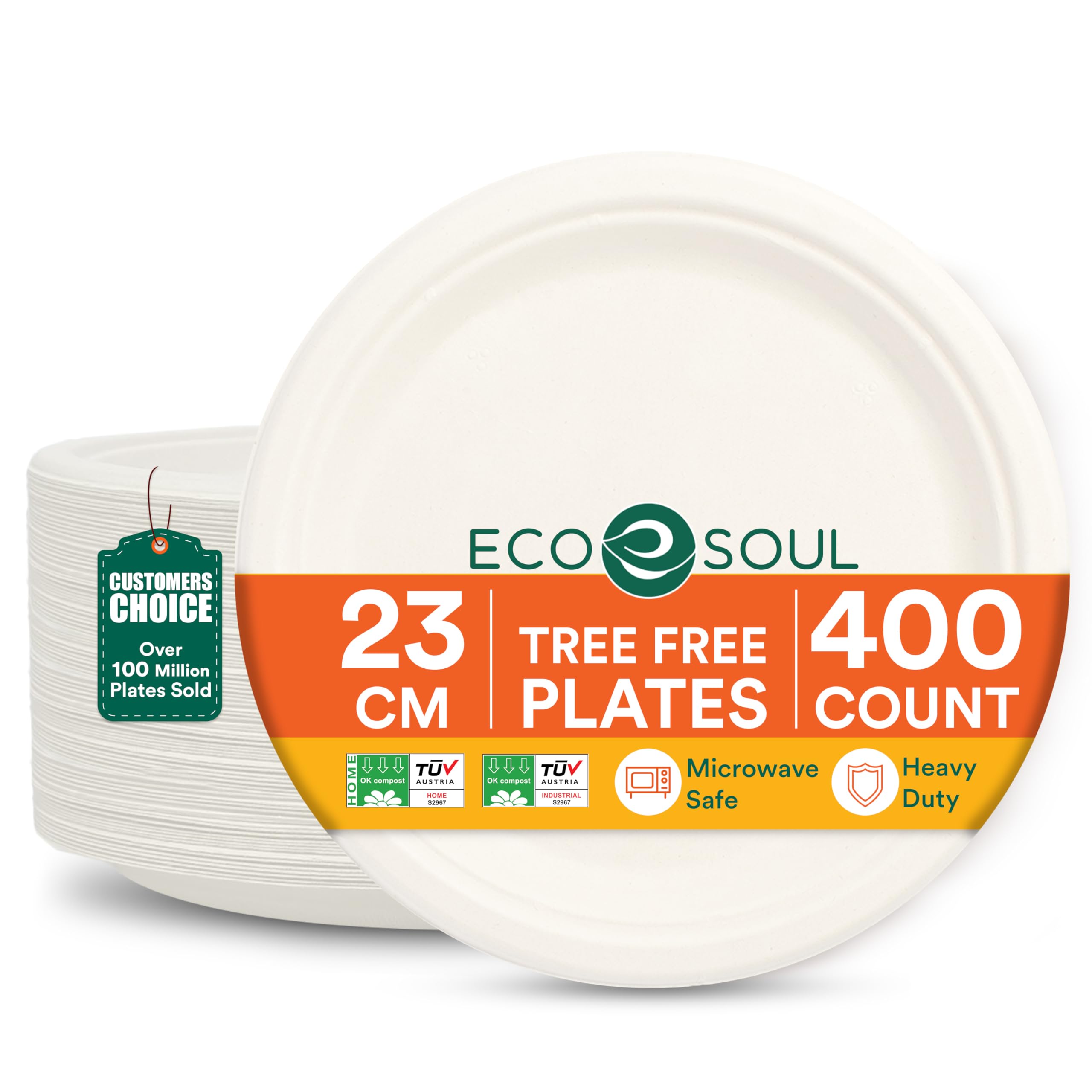 ECO SOUL Lot de 400 assiettes en carton compostables de 22,9 cm biodégradables, robustes, jetables et respectueuses de l'environnement pour dîners et fêtes, mariages, événements (blanc)