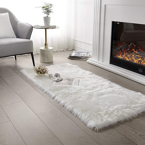 SERISSA Soft Faux Sheepskin Fur Area Rug Fluffy Rug for Bedroom Floor Sofa Living Room White 3 x 5 Feet