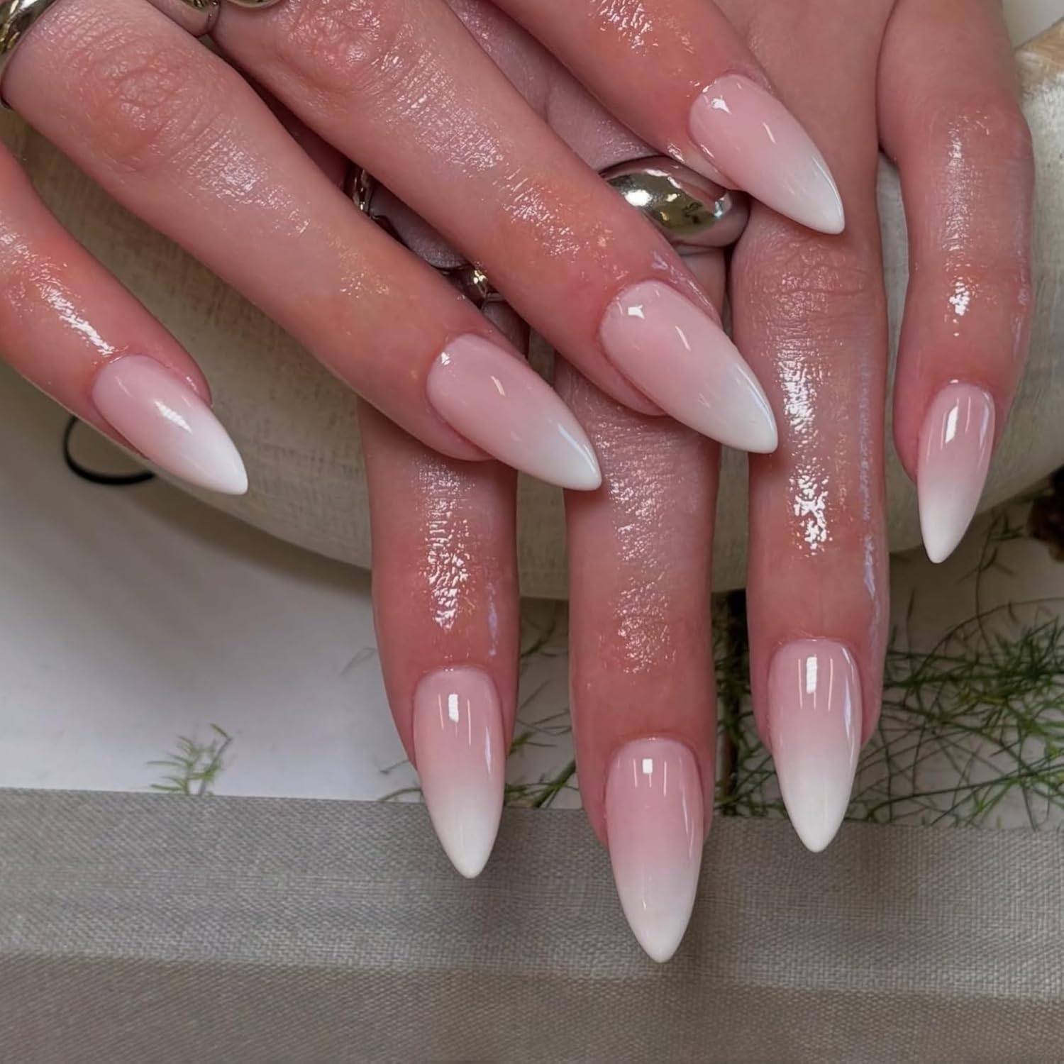 KQueenest Ombre Press on Nails Almond, French Tip False Nails Medium Stiletto, Gradient White Pink Fake Nails Press ons - Image 2
