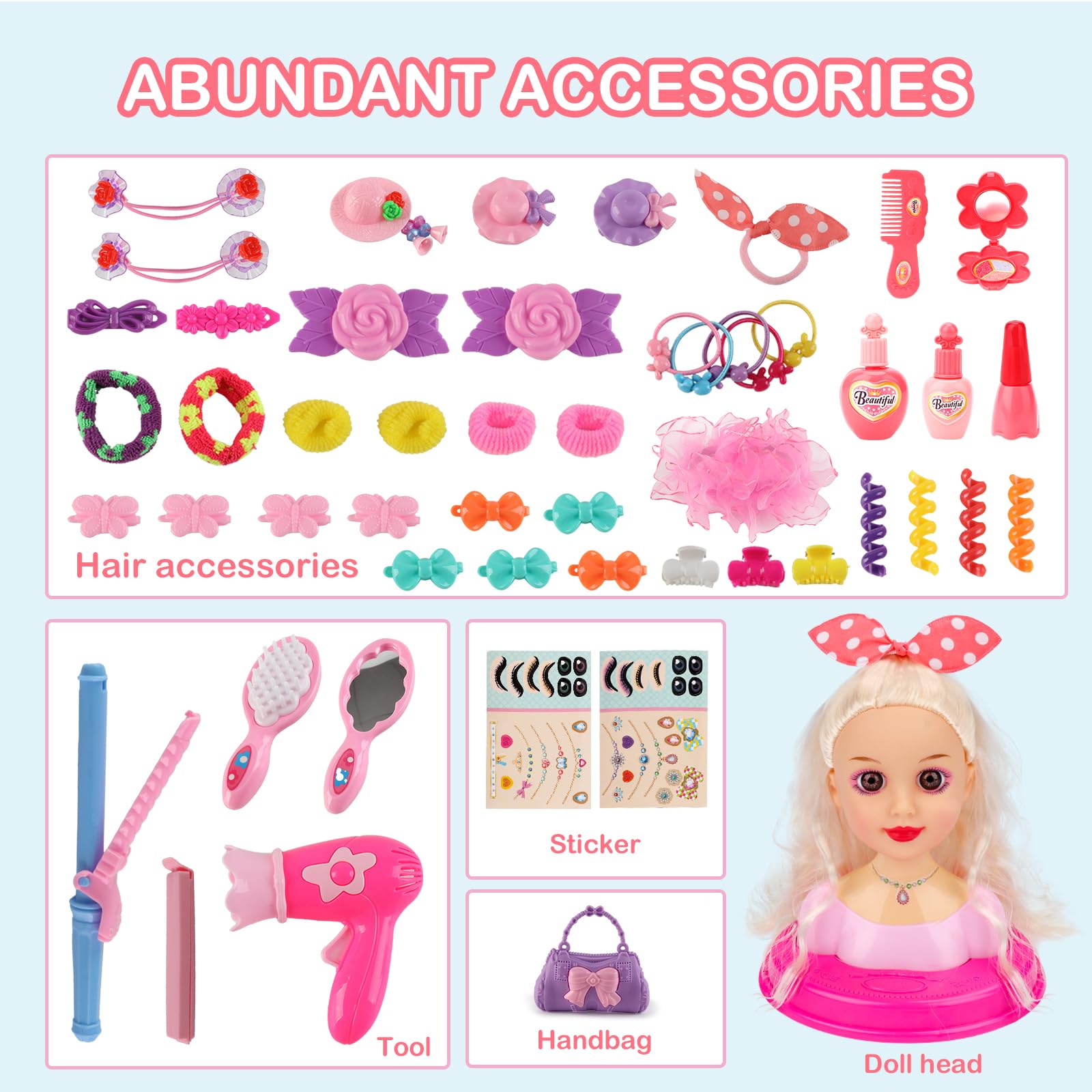 Frisierkopf Für Mädchen - 60-teiliges Set | Mit Schmink- & Nagelzubehör | Waschbar (3-10 Jahre)