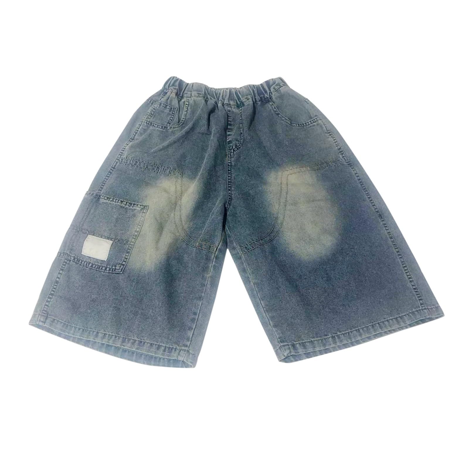 Pantalones cortos de mezclilla holgados para niños, informales, cintura elástica, estilo cargo, pierna ancha, pantalones cortos de mezclilla para verano, rectos, hasta la rodilla, para