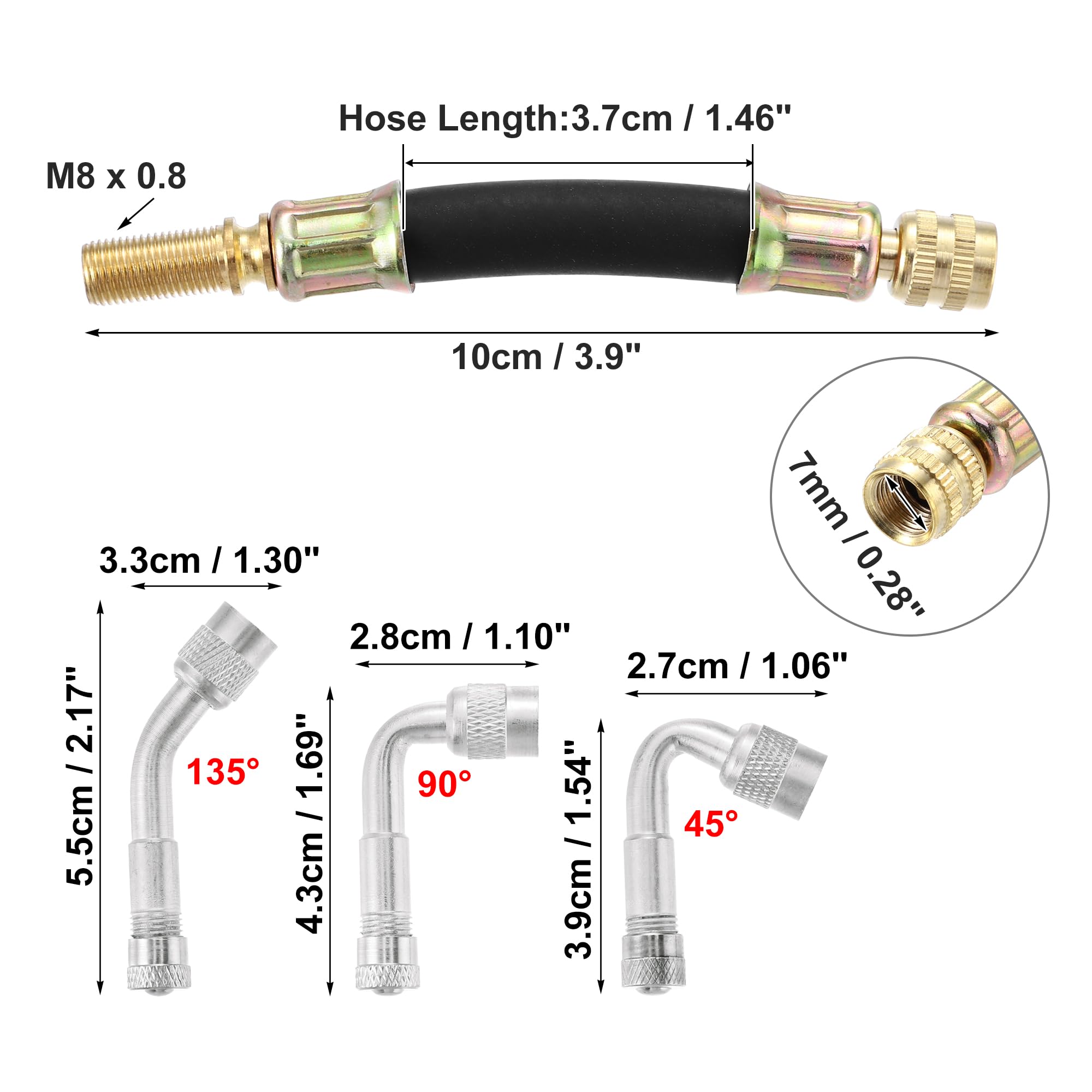 X AUTOHAUX 8pcs Tire Valve Stem Extension 2 Flexible Dual Valve Stem Extender Pipe 4.7" 6 Multi Degree 45 90 135 Adapter For Car Truck Motorcycle Bike Trailer RV