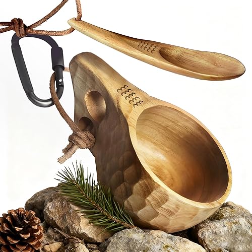 yaykabom Nordic Kuksa 8oz (225ml) w/spoon, Handcrafted Wooden Camping Cup