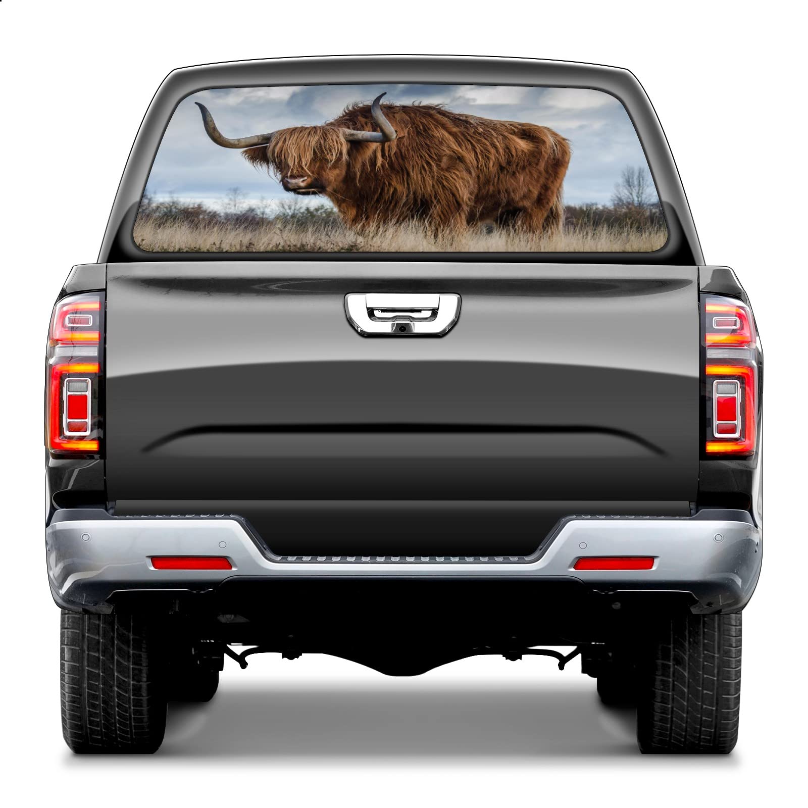 Qqydzsw Highland Cow Pickup Truck Back Window Truck Rear Window Decals Rear Window Graphic Decals For Trucks Fire Pickup Car Window Stickers 65*22 Inch Truck Back Window Perforated Vinyl Window Film Decal(Highland Cow)