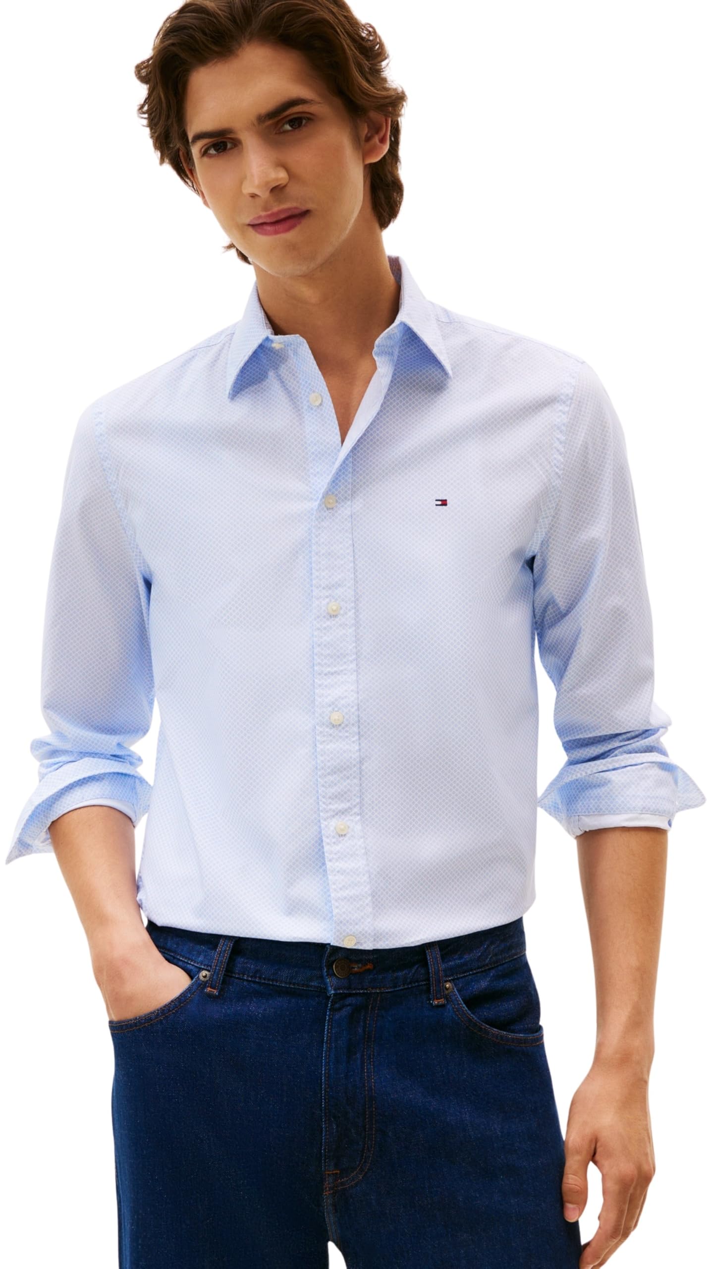 Tommy Hilfiger Men's Long-Sleeve Poplin Print Patterned Shirt - Sweet Blue 0GY - M
