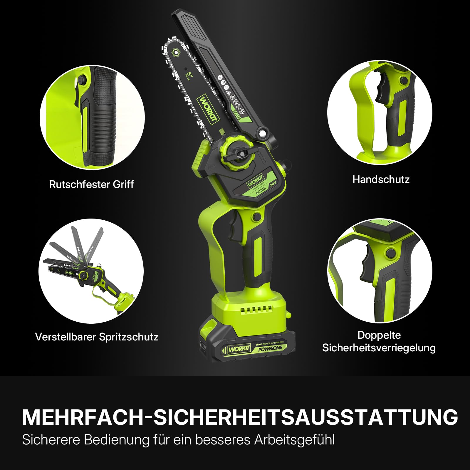WORKIT 20V Akku Kettensäge mit 2 Akkus, bürstenlose Mini Kettensäge mit automatischem Ölsystem, 12 cm Schnittlänge, Kettensäge Akku für Einhandbedienung und Gartenpflege