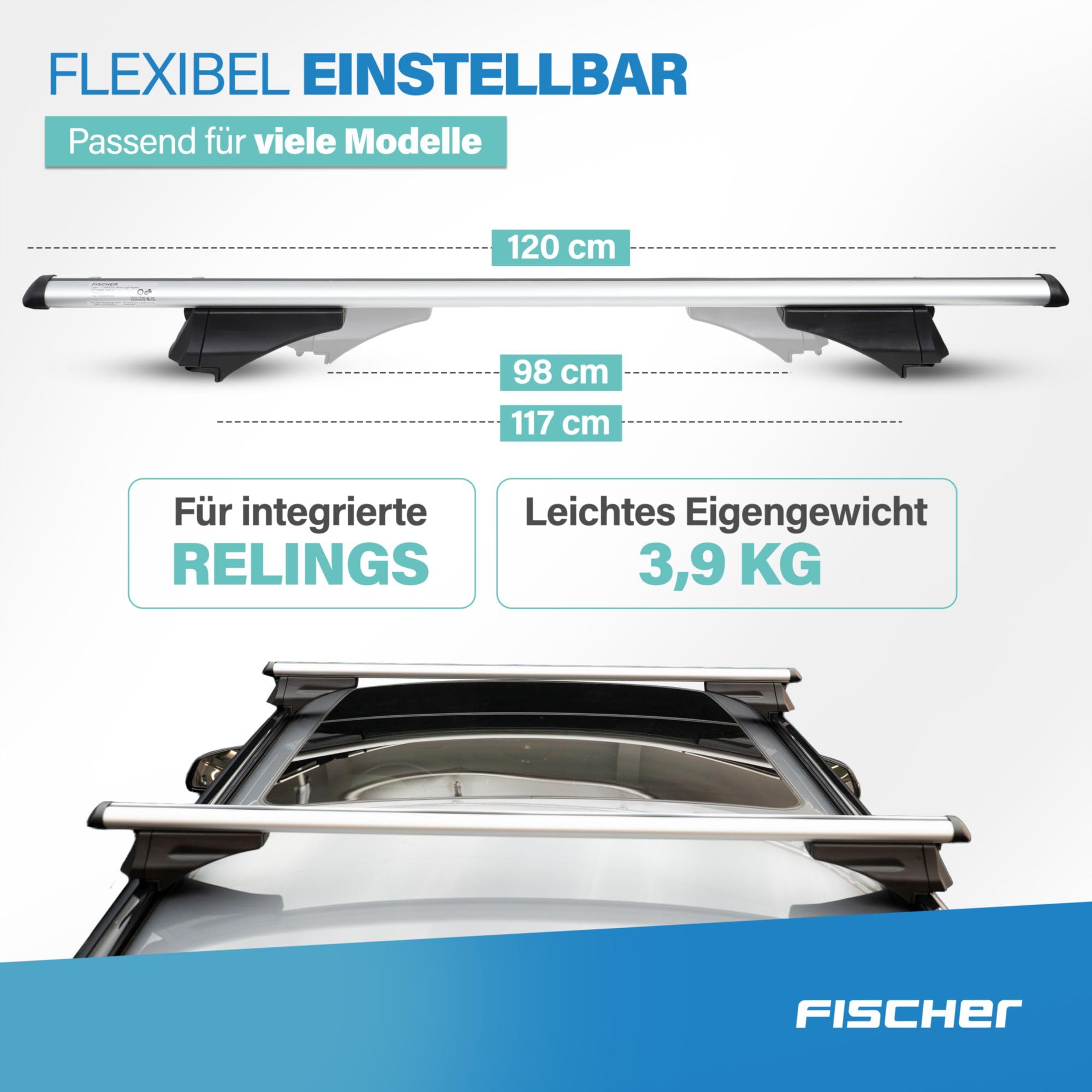 FISCHER Barre portapacchi CrossLine L, per portabici, box da tetto o portasci, per portapacchi integrati, portata 75 kg, premontate, con serratura, spessore 45 x 28 mm, lunghezza barra: 120 cm