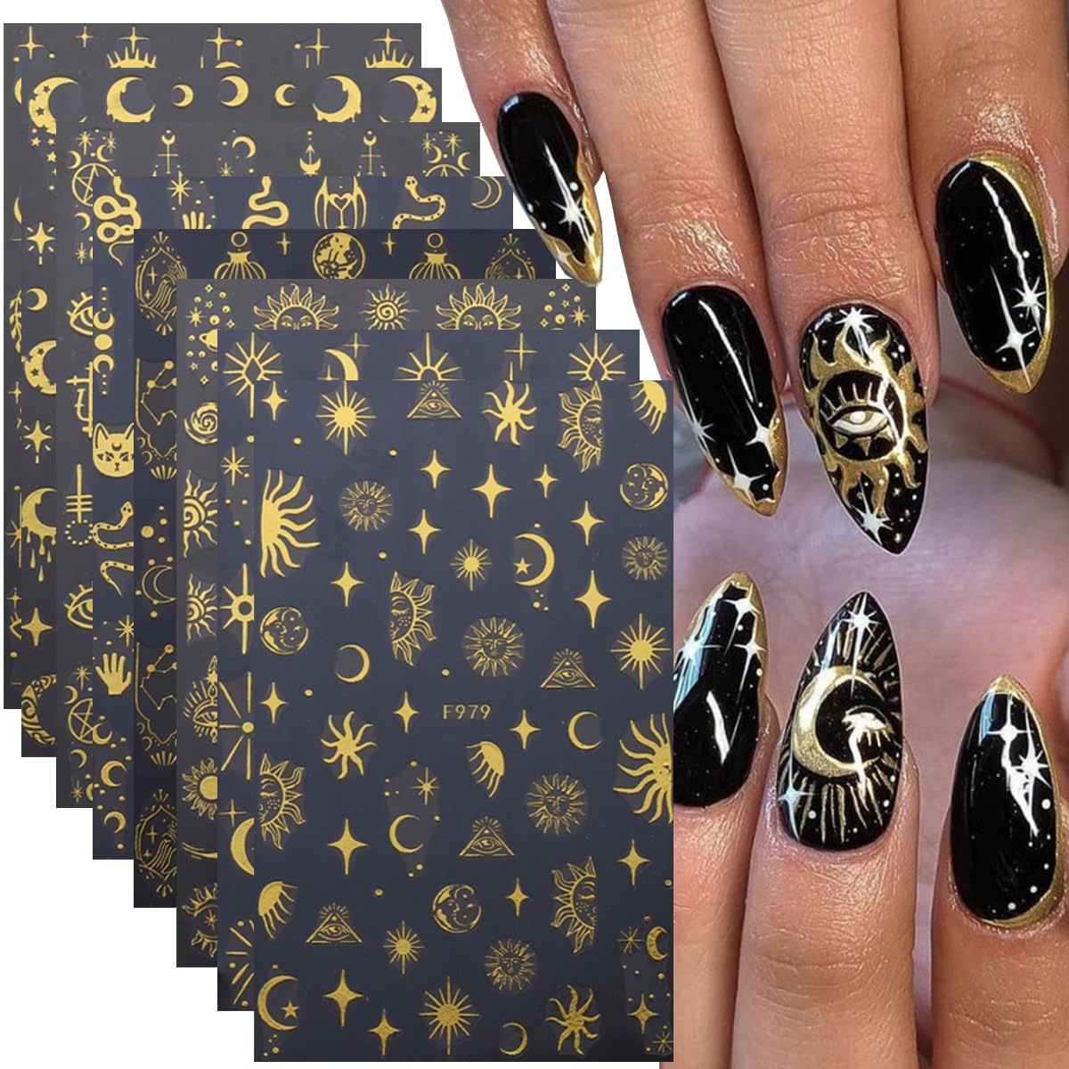 8Sheets Metallic Nail Stickers 3D Gold Nail Art Decals Sun Star Moon Space Retro Bronzing Design Self-Adhesive Nail Art Sticker, DIY French Tip Manicure Decoration Supplies Accessories for Women Girls