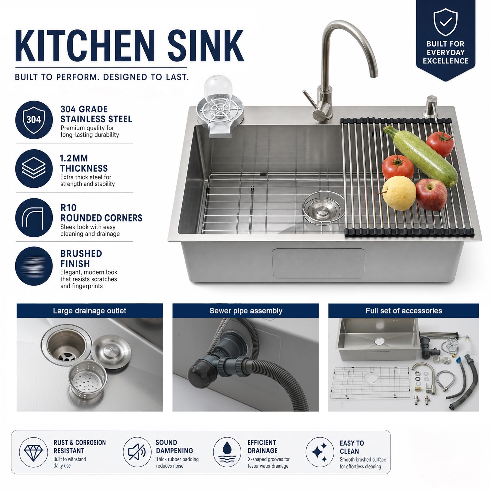 Fregadero Cocina 70x50cm, Fregadero Grande Cocina 1 Seno, Fregadero Cocina en Acero Inoxidable 304, Con Grifo de Cocina, Filtro de Drenaje, Ifón, Rebosadero y Residuos, Kitchen Sink