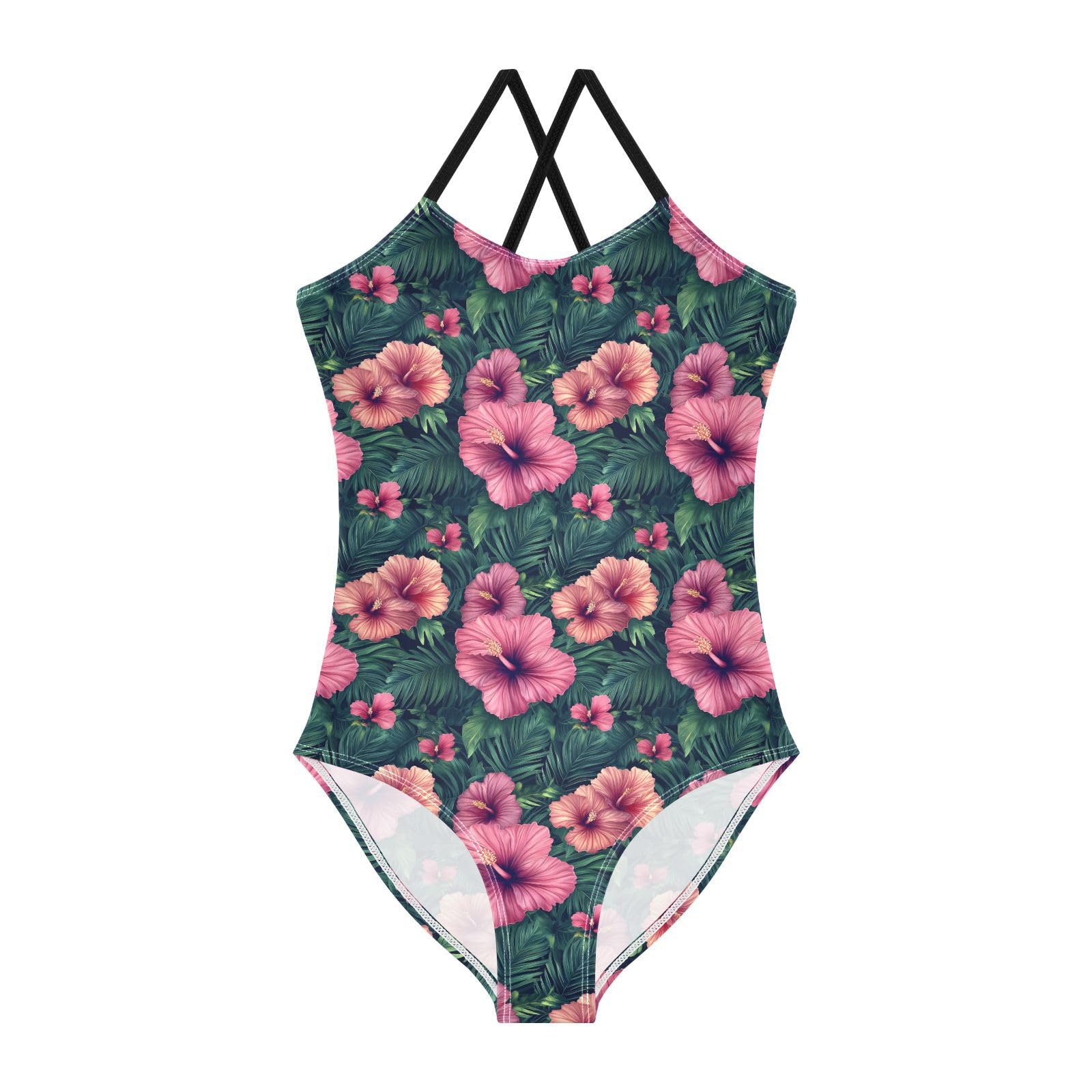 JUNZAN Swimsuits for Girls Tropical Hibiscus Palm Kids Bathing Suit Swimming Suit Size 10-12