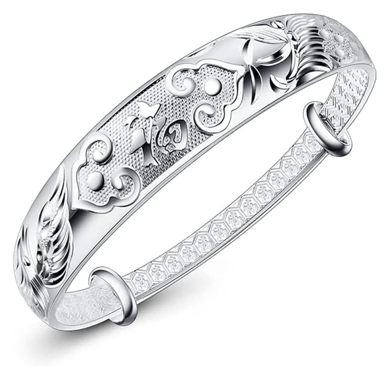 AdjustableSterling Silver Bangle pulsera, Brazaletes de plata,Pulseras de cadena,Pulseras Pulsera de plata de ley 925 for mujer,Brazalete de plata de ley 925 Brazalete ancho tallado étnico vintage Bra