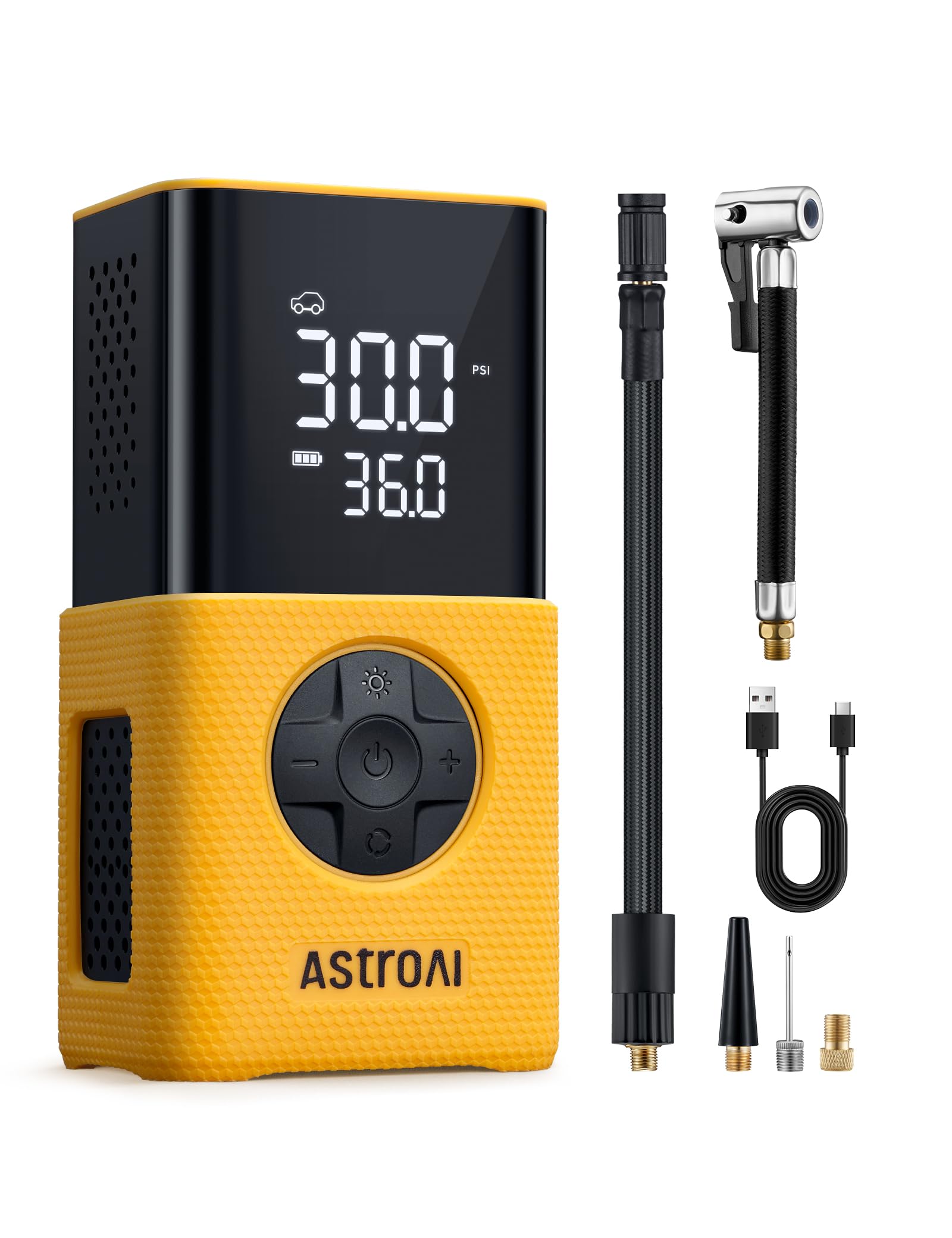 Astroai Yellow Car Tyre Inflator Air Compressor, Portable Usb Rechargeable Electric Bike Pump 150 Psi, Tyre Pump With Pressure Gauge Digital Dual Values Display, For Car, Bike, Motorbike, Ball ( Case)