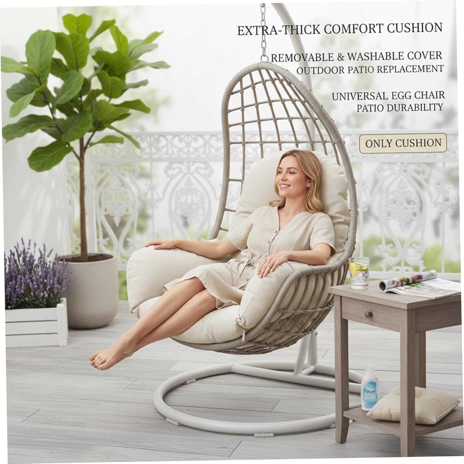 Cojín colgante para silla mecedora para exterior: moderno columpio colgante cojín de poliéster suave resistente al agua cojín de repuesto para jardín con reposacabezas para columpio colgante (1 beige)