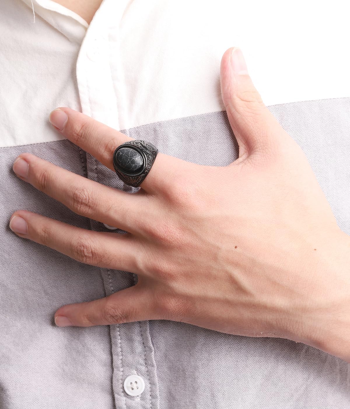 Retro Large Black Stone Wedding Band For Men Classical Gothic Stainless Steel Rings - Image 4