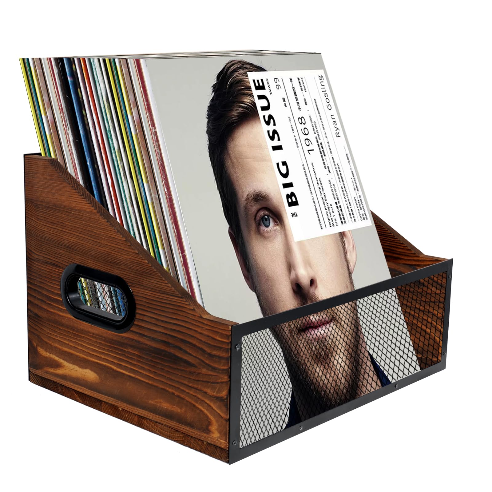 Vinyl Record Storage, Rustic Record Holder,Record Crates for Vinyl, Pine Wood & Metal Record Box for Display, 60-Record Capacity LP Album Organizer