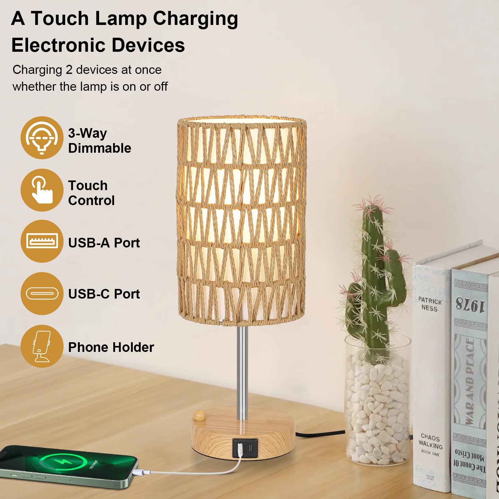 Rayofly Nachttischlampe 2er Set, Touch Dimmbar Nachttischlampe mit Ladefunktion USB A+C-Anschlüssen, Vintage Tischlampe mit Rattan Schirm & LED Glühbirne, Boho Touch Lamp für Schlafzimmer, Wohnzimmer