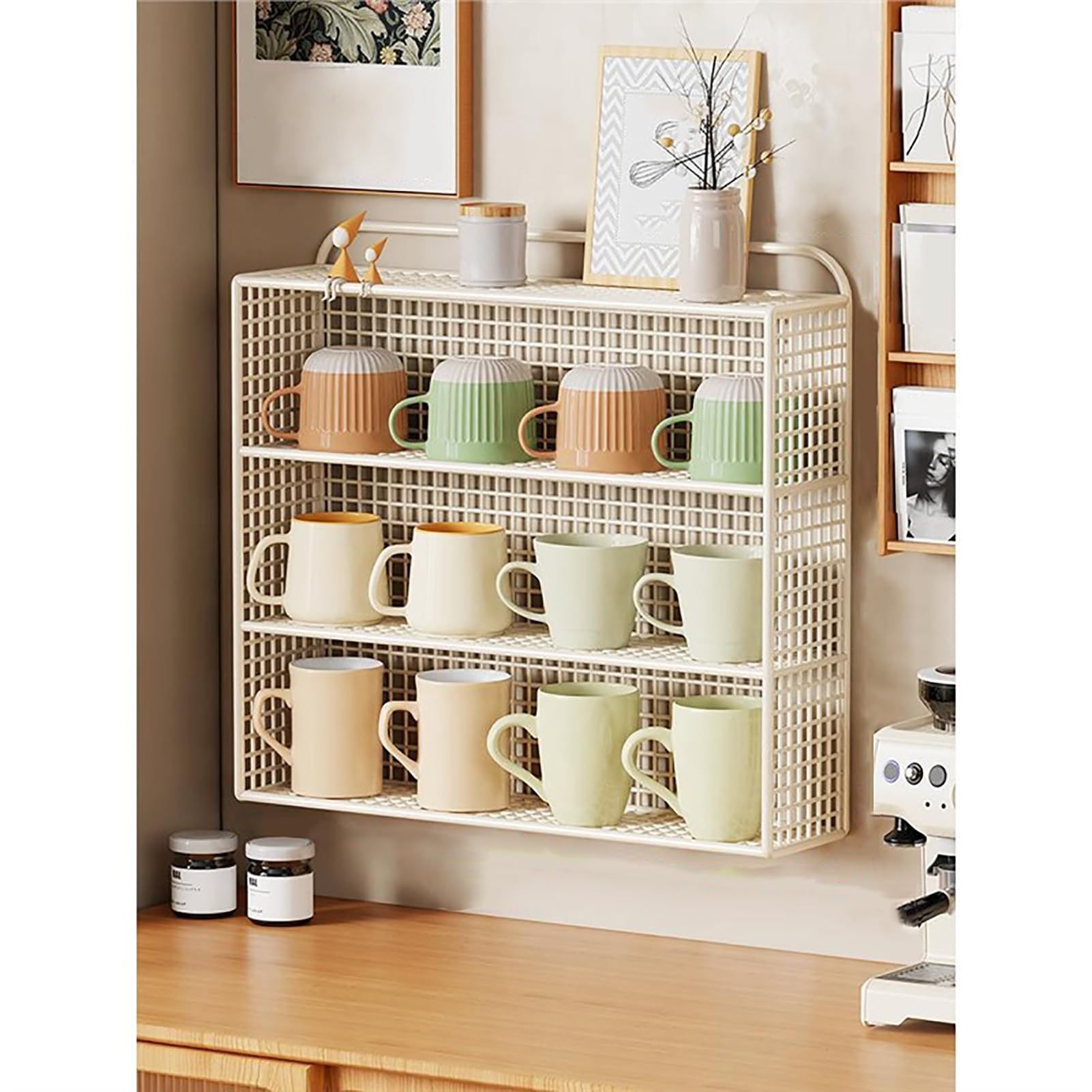 Portaoggetti per Tazze, Organizer per Tazze in Metallo, Porta Tazze da tè, Mensola Portaoggetti A Parete per Cucina, Dispensa, Frigorifero, Bagno e Ufficio(45x10x38cm(18x4x15inch), White)