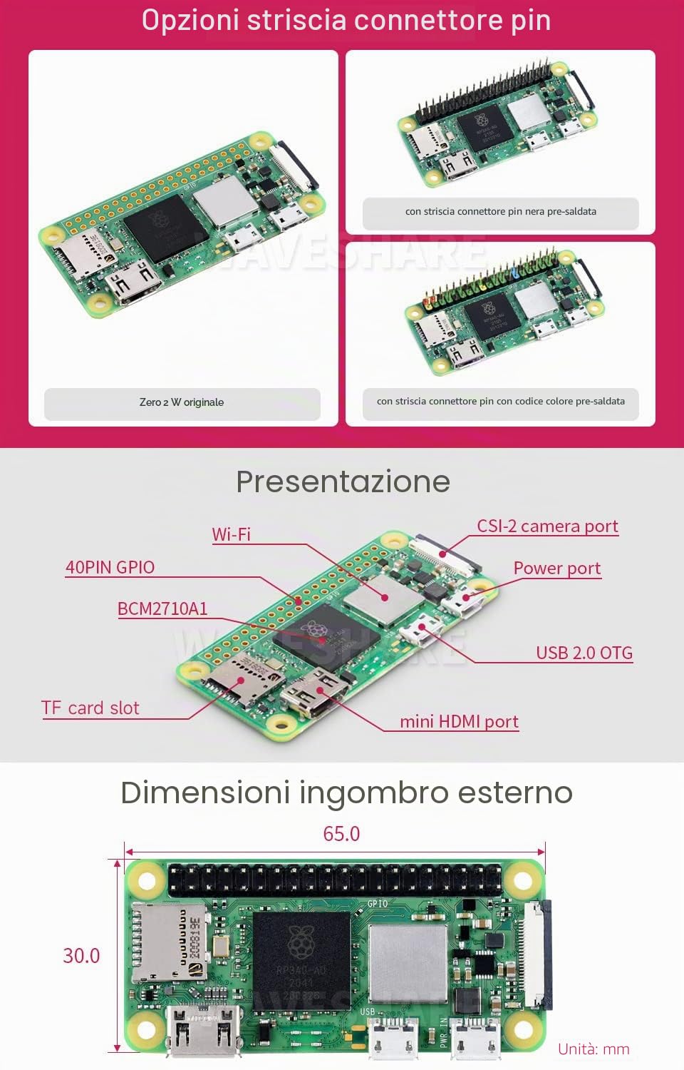 Waveshare Retrofited Raspberry Pi Zero 2 WH, 5 Times Faster 1GHz Quad-Core Arm Cortex-A53 CPU with WiFi Bluetooth 4.2 BLE with Pre-Solder Black Pinheader