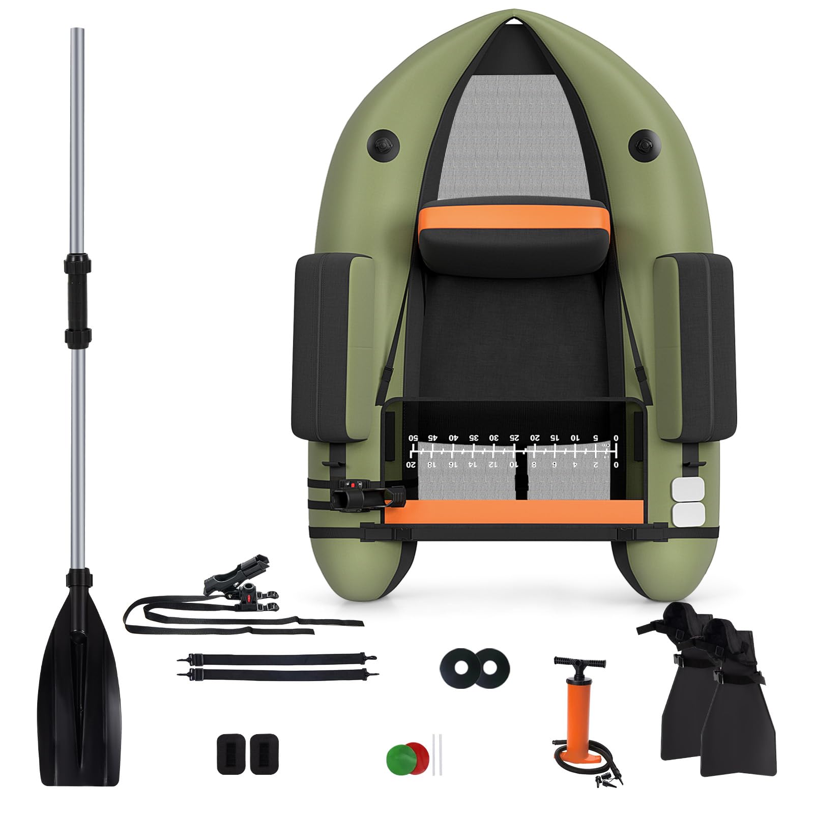 HOMASIS Canot de pêche pour adultes, gonflable avec palmes en PP et pagaie en aluminium, réservoir de pêche avec équipement complet, charge 160 kg, 136 x 105 x 54 cm