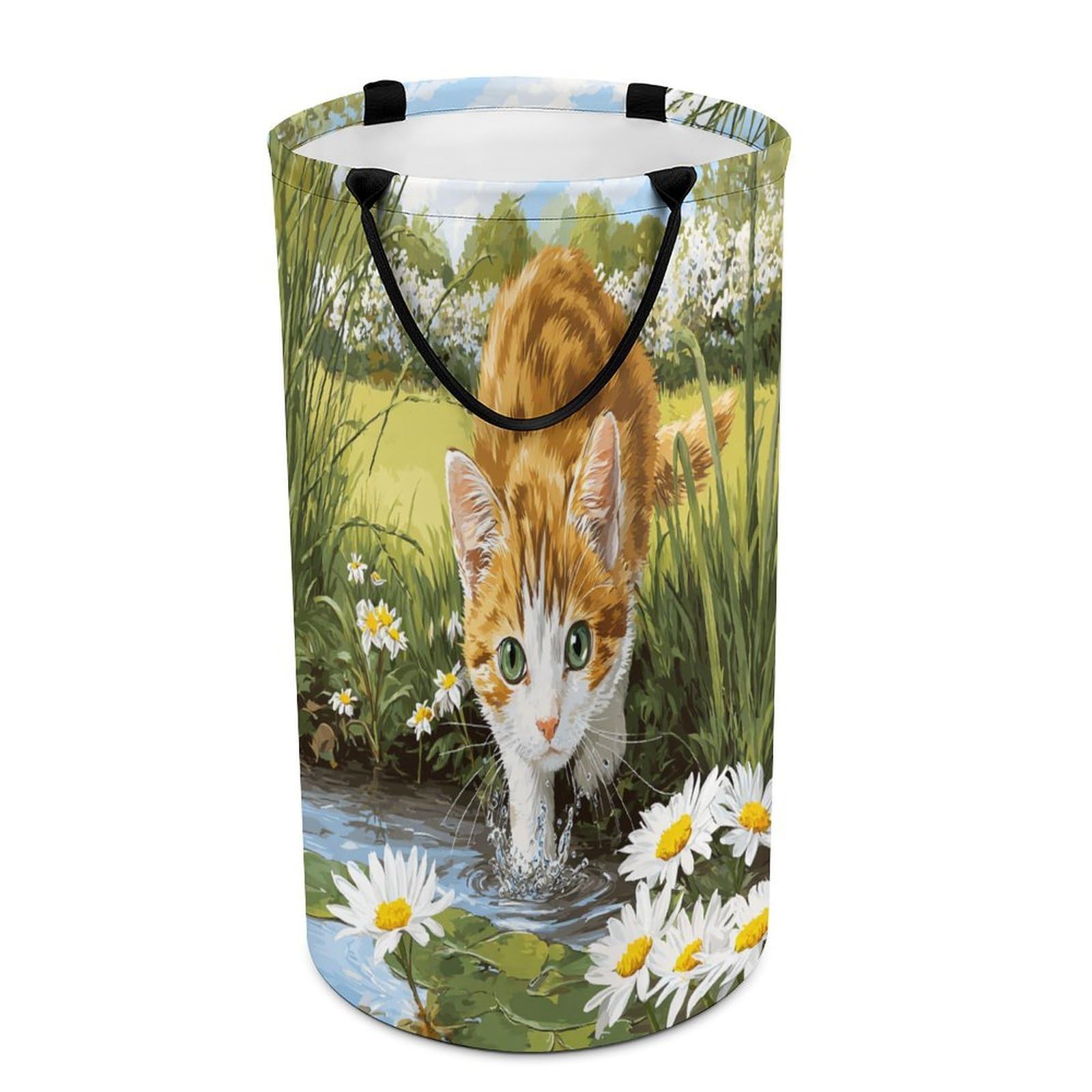 LUYYSKY Classic Abstract Cute Cat Versatile Storage Laundry Basket, Retro Oil Painting Botanical Daisies Floral Animal Kitten Pattern Large Capacity Bathroom Hamper With Handle