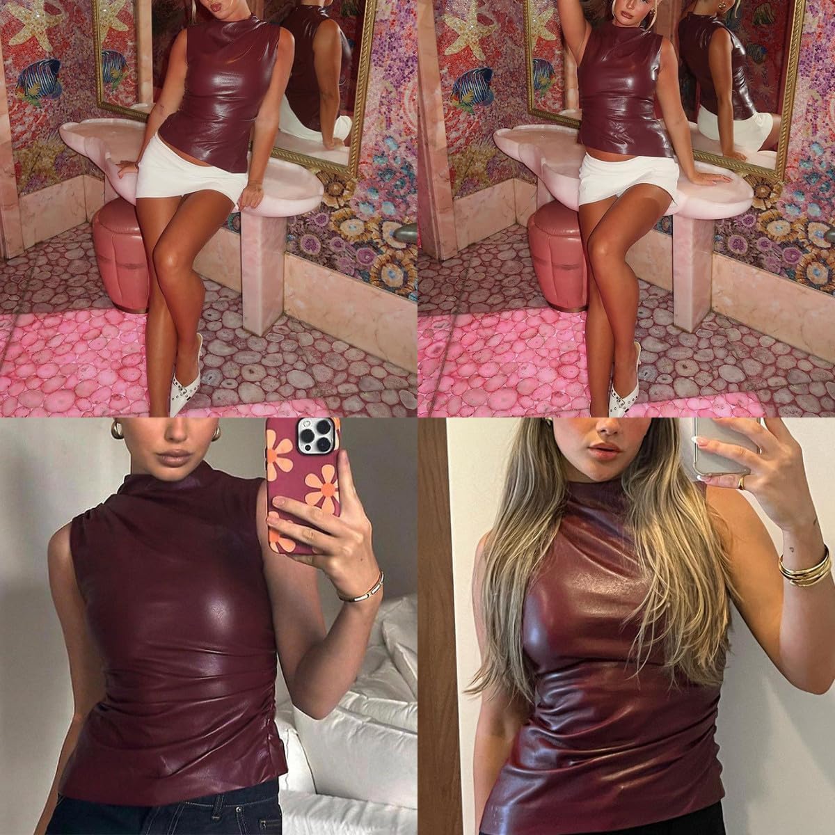 ANKOMINA Women's Sexy PU Leather Sleeveless Tank Tops Asymmetrical Ruched Blouse Y2K T Shirt Party Clubwear - Image 6