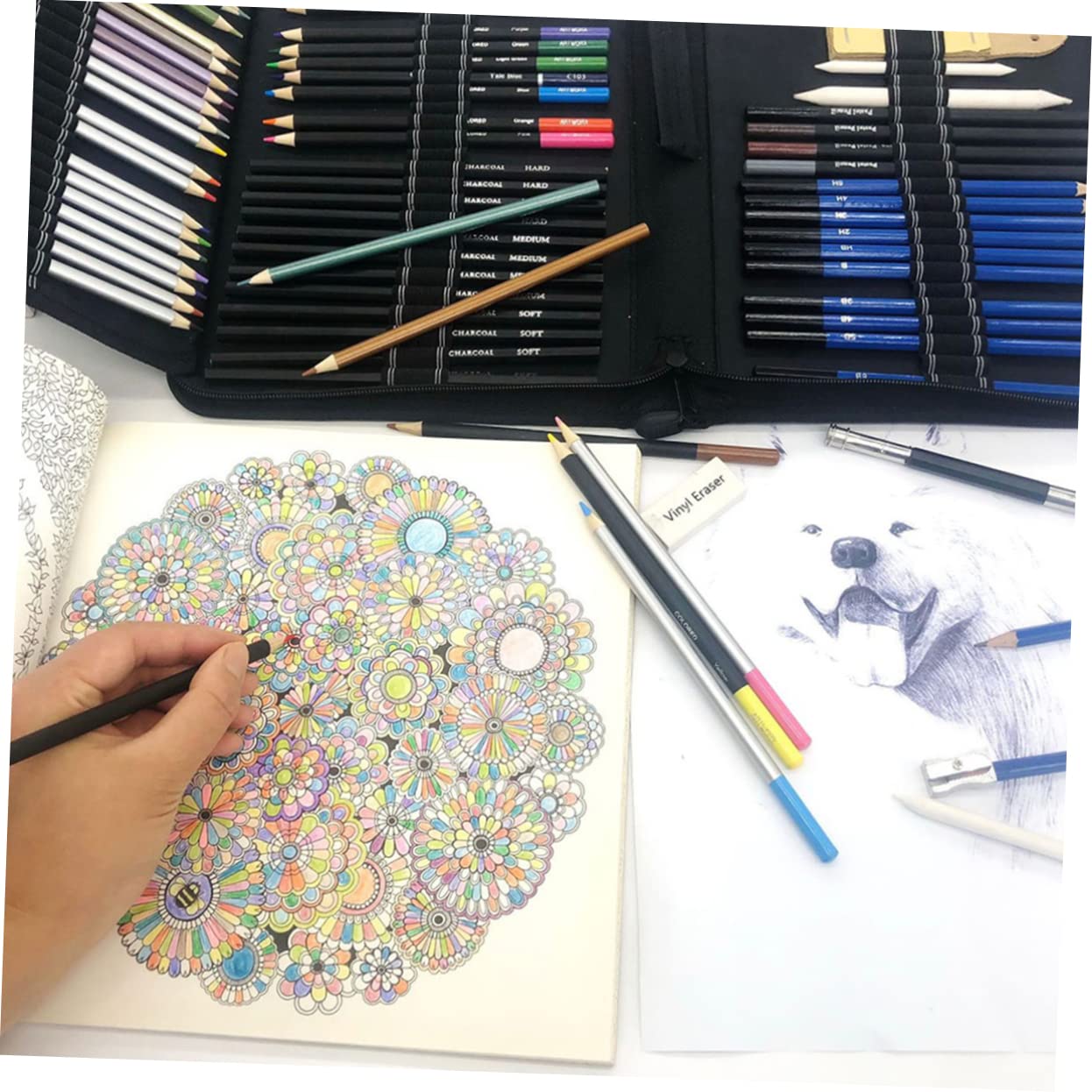 STOBOK Set di Matite da Disegno per Studenti Artisti, 72 Pezzi | Nero, Astuccio in Canvas, Legno e Plastico, per Sketching e Coloring Books, Kit per Disegnare