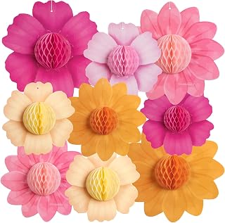 SUNBEAUTY Pink Orange Party Decorations, 9Pcs Paper Flowers Honeycomb Hanging Decor Tissue Flower Pom Poms for Girl Women Birthday Groovy Sunset Party Fall Bridal Shower Wedding Classroom