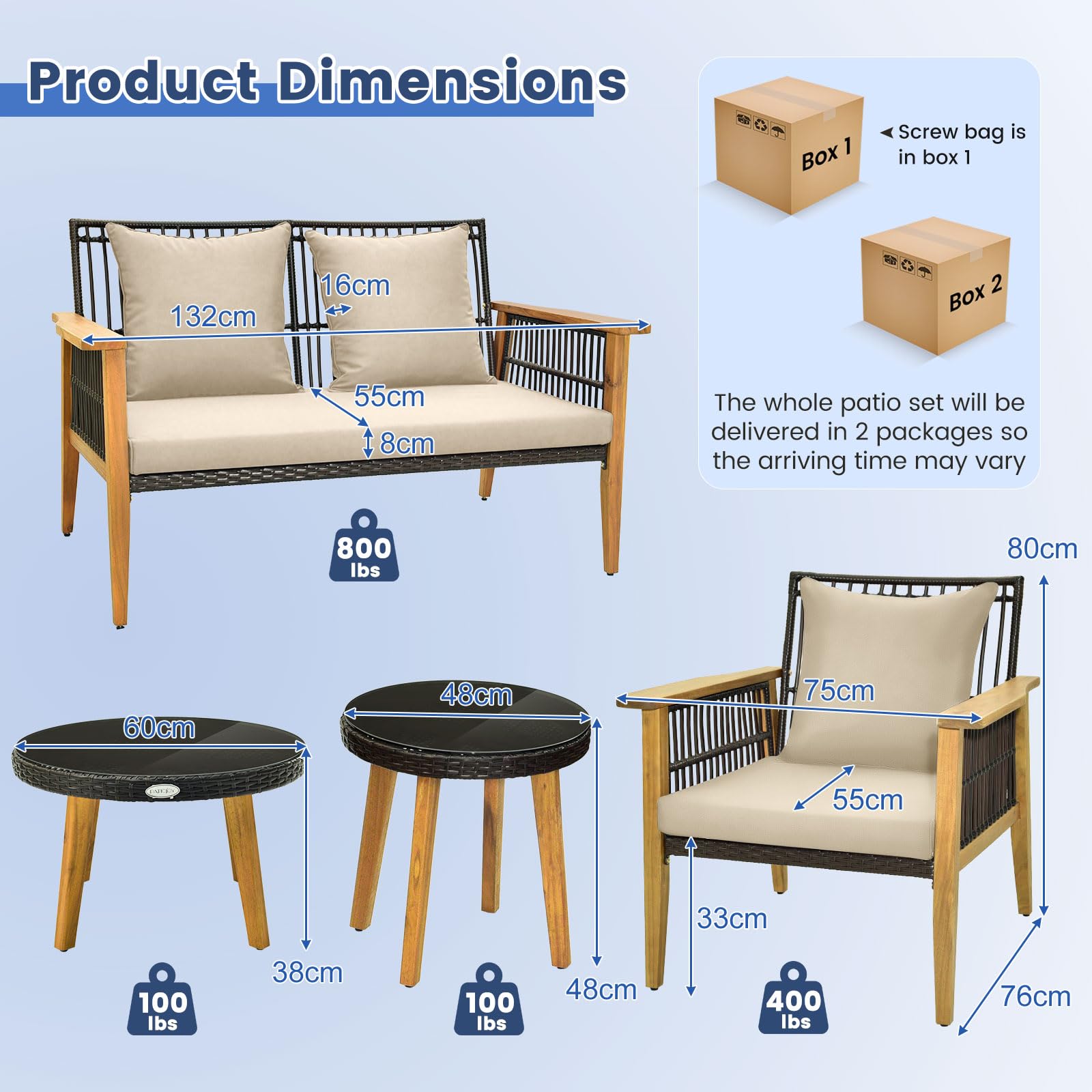 GIANTEX Gartenlounge Outdoor Möbelsets, 5-teiliges Rattan Gartenmöbel Set mit Akazienholzrahmen, Sitzgruppe für 4 Personen mit Sitzkissen, Balkonmöbel Kleiner Balkon, Terrassenmöbel Sitzgarnitur