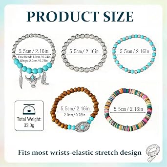 5PCS Boho beaded Bracelets Set for Women,Western Vintage Cowboy Stackable Turquoise jewelry with Bull Head & Cow Boot Charms,Country and Western Clothing Fashion Accessories,Bohemian Jewelry Gifts