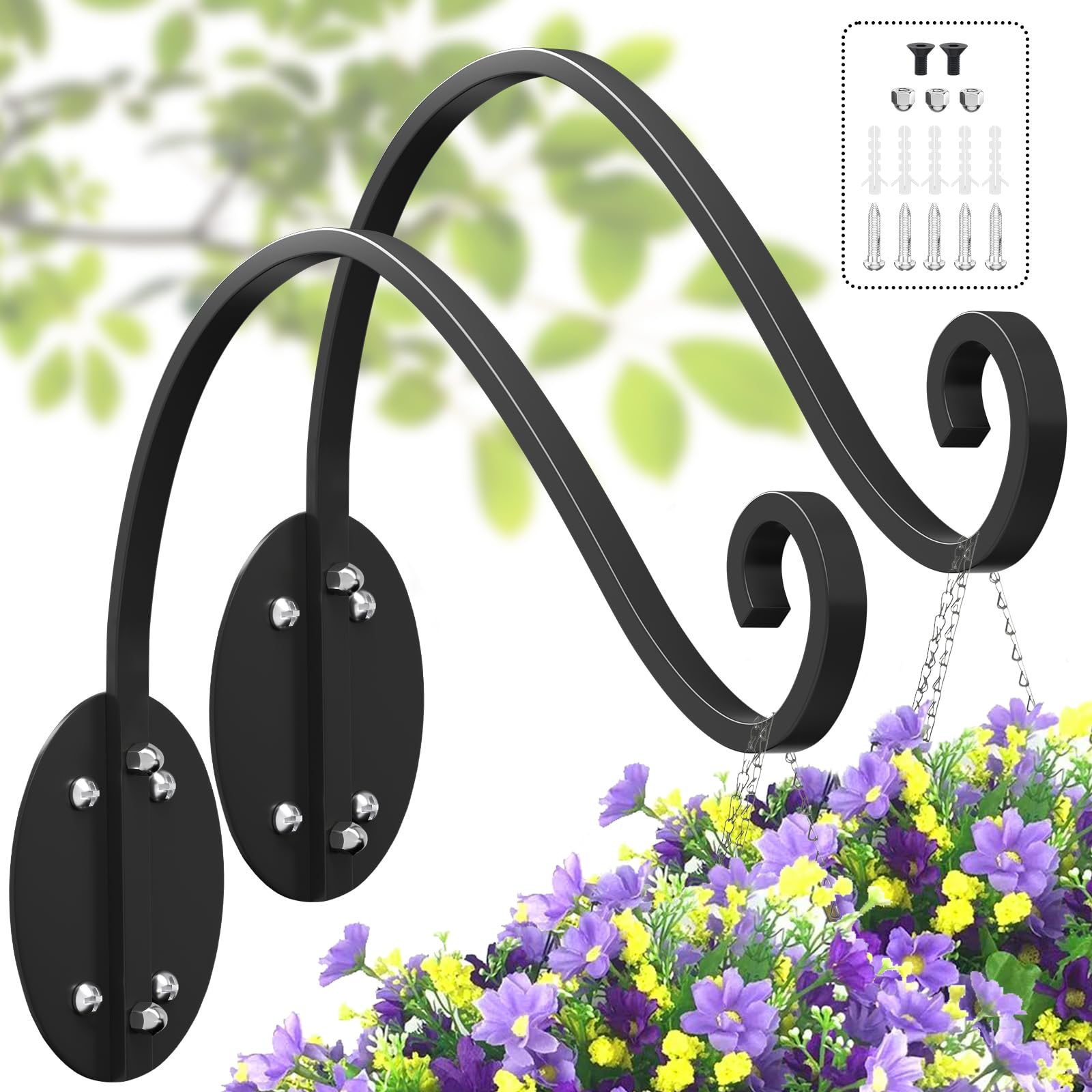 2 Pack Plant Hangers Outdoor - 16 Inch Hanging Plant Hooks and Bird Feeder Hanger, Hand-Forged Plant Wall Hanger, Metal Black Plant Hooks for Hanging