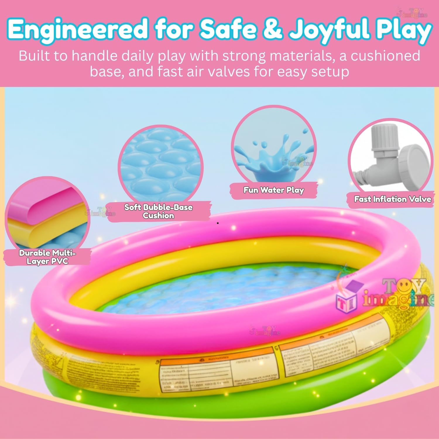 Toy Imagine 3 ft Inflatable Swimming Pool for Kids 0–3 Years | Sunset Glow Round Colourful Ring Baby Bath Tub | Portable Home & Outdoor Water Pool for Toddlers – Small Size Fits 2 Kids 1