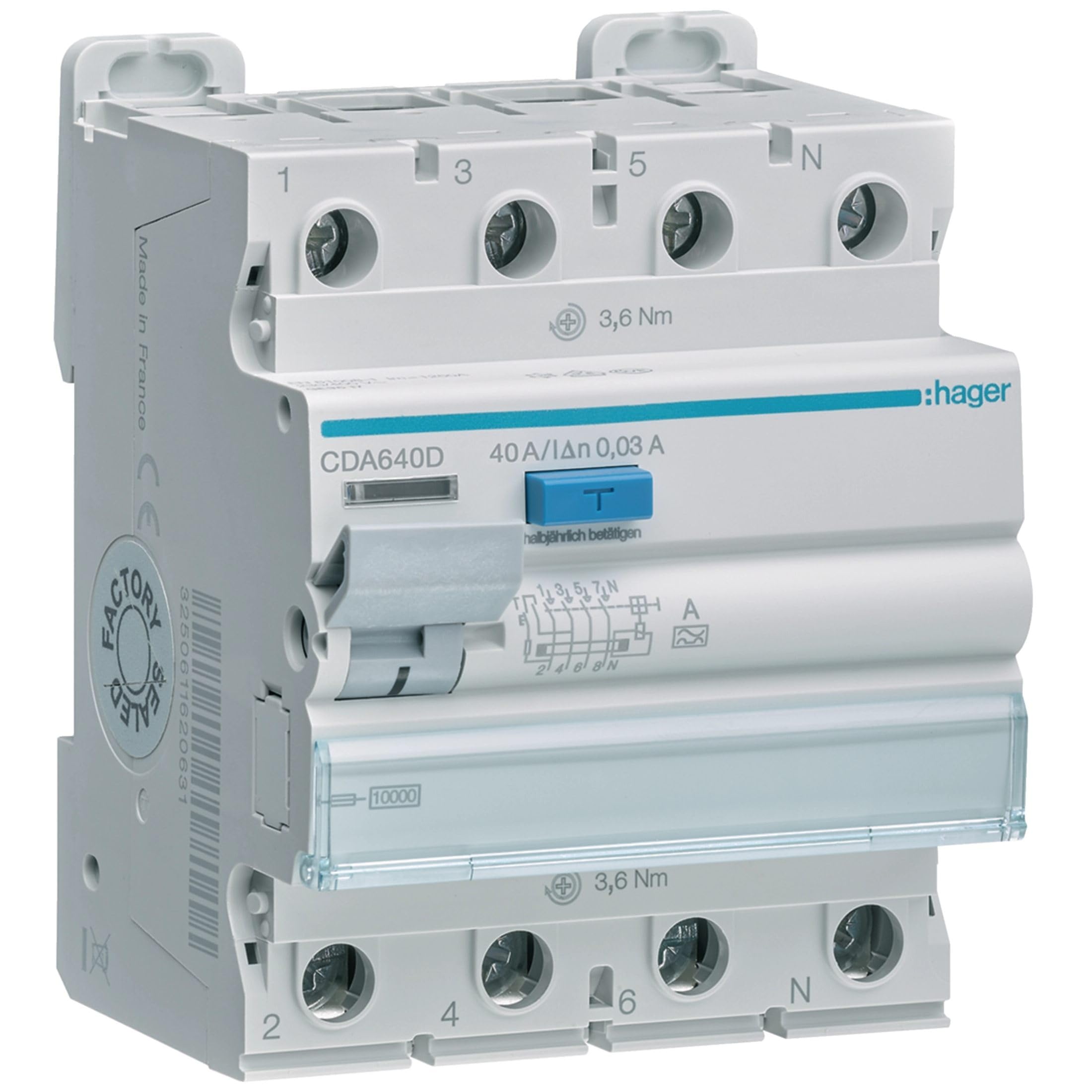 Hager CDA640D – Fehlerstromschutzschalter, 4-polig, 40 A, 0,03 A, 400 V