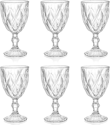 SOUJOY Paquete de 6 vasos de copa de vidrio vintage en relieve de 10 onzas, copas de vino con tallo de bebida para refrescos, jugo en bares,