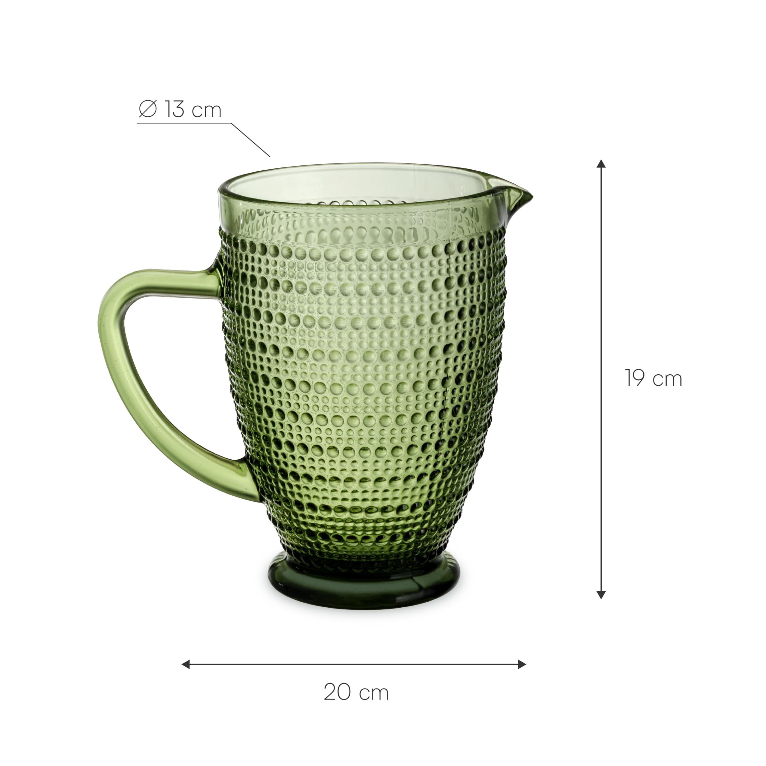 Baroni Home Caraffa in Vetro Verde con Dettagli in Rilievo a Pois, Brocca con Manico, Design Moderno, Caraffa con Sistema Antigoccia, Facile da pulire, Bevande Calde e Fredde, 1L, 20x13x19 cm