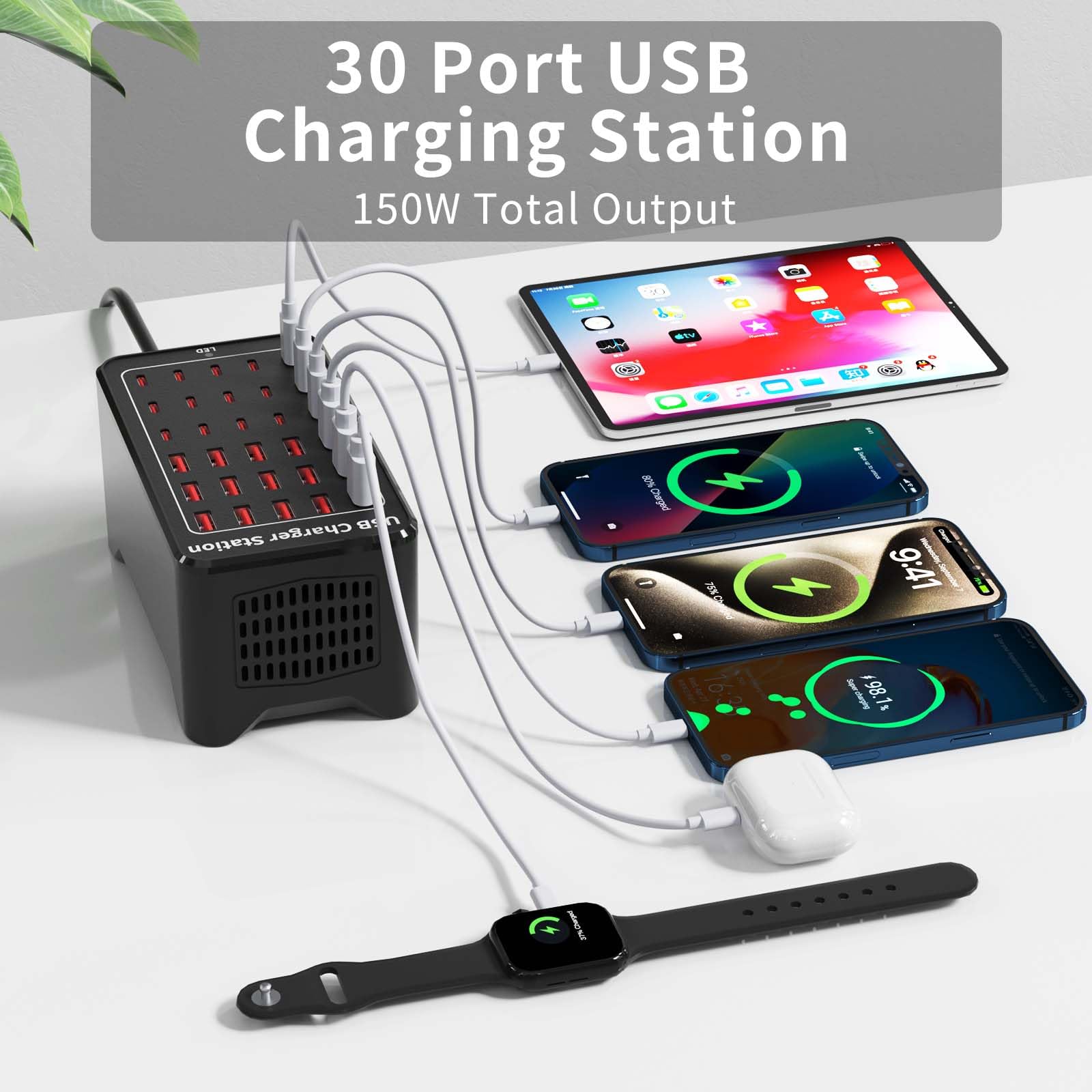 150W(30A) USB Charging Station, 30-Port USB C Charger Block, Multiple Desktop/Wall Fast Charger with Intelligent Protection Compatible with iPhone, iPad, Tablets, Smartphones