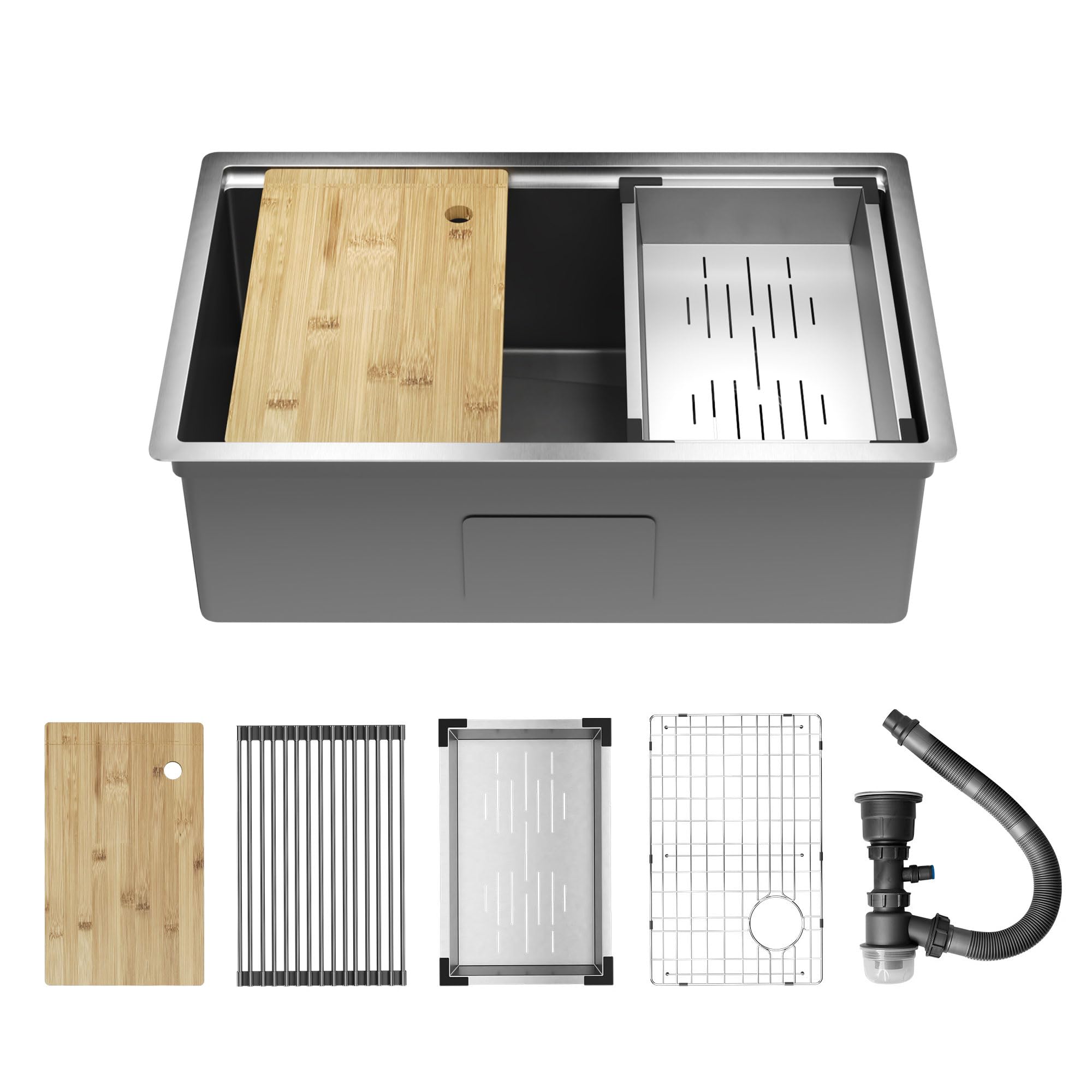DeerValley Évier de Cuisine en Acier Inoxydable 76 x 48 cm, Evier Multifonction 1 Bac avec Mobile et planche à découper, Panier D'égouttement et Accessoires