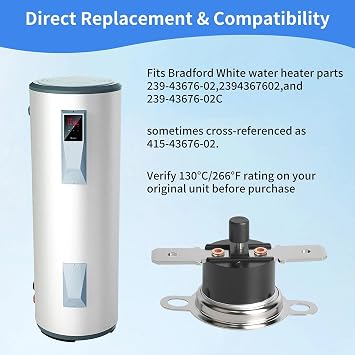 1 Pack 2394367602 Resettable Thermal Switch, Compatible with Bradford White Water Heaters, Replacement for 239-43676-02 & 415-43676-02, KSD301 130C/266F Auto-Reset Thermal Cutoff Switch Fits M-I-503