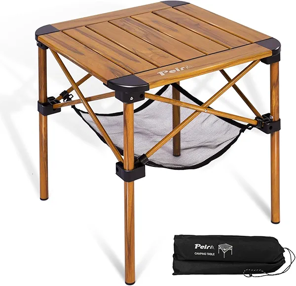 Peirhw Folding Camping Table, Portable Lightweight Aluminum Camp Table Roll Up Top with Storage Net for Outdoor, Camping, Picnic, Backyards, BBQ(Woodgrain, 15.8 x 15.8 x 15.8in)