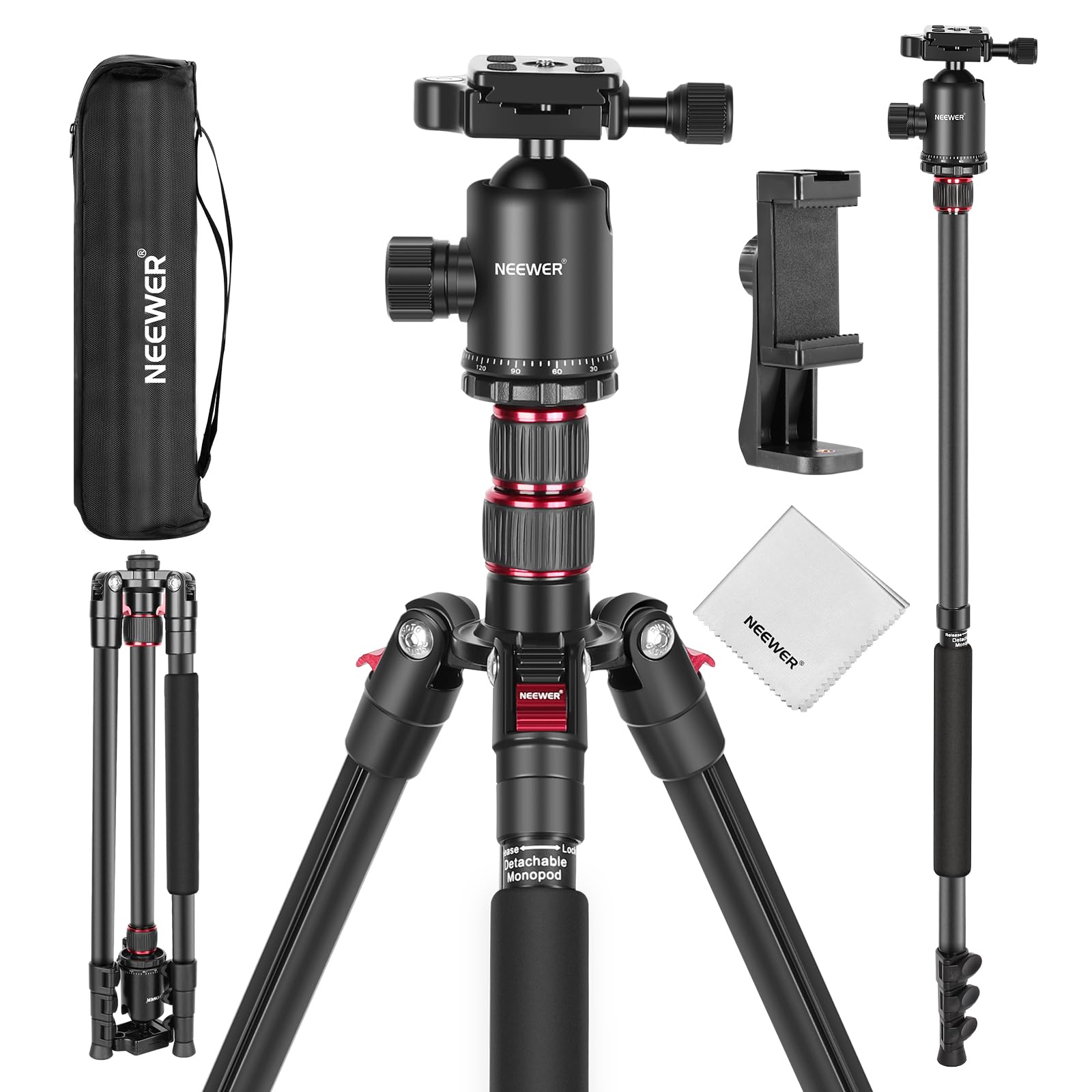 NEEWER 77" Camera Tripod Monopod with Cell Phone Holder Compatible with iPhone for Video Recording, Compact Aluminum Travel Stand with Ball Head QR