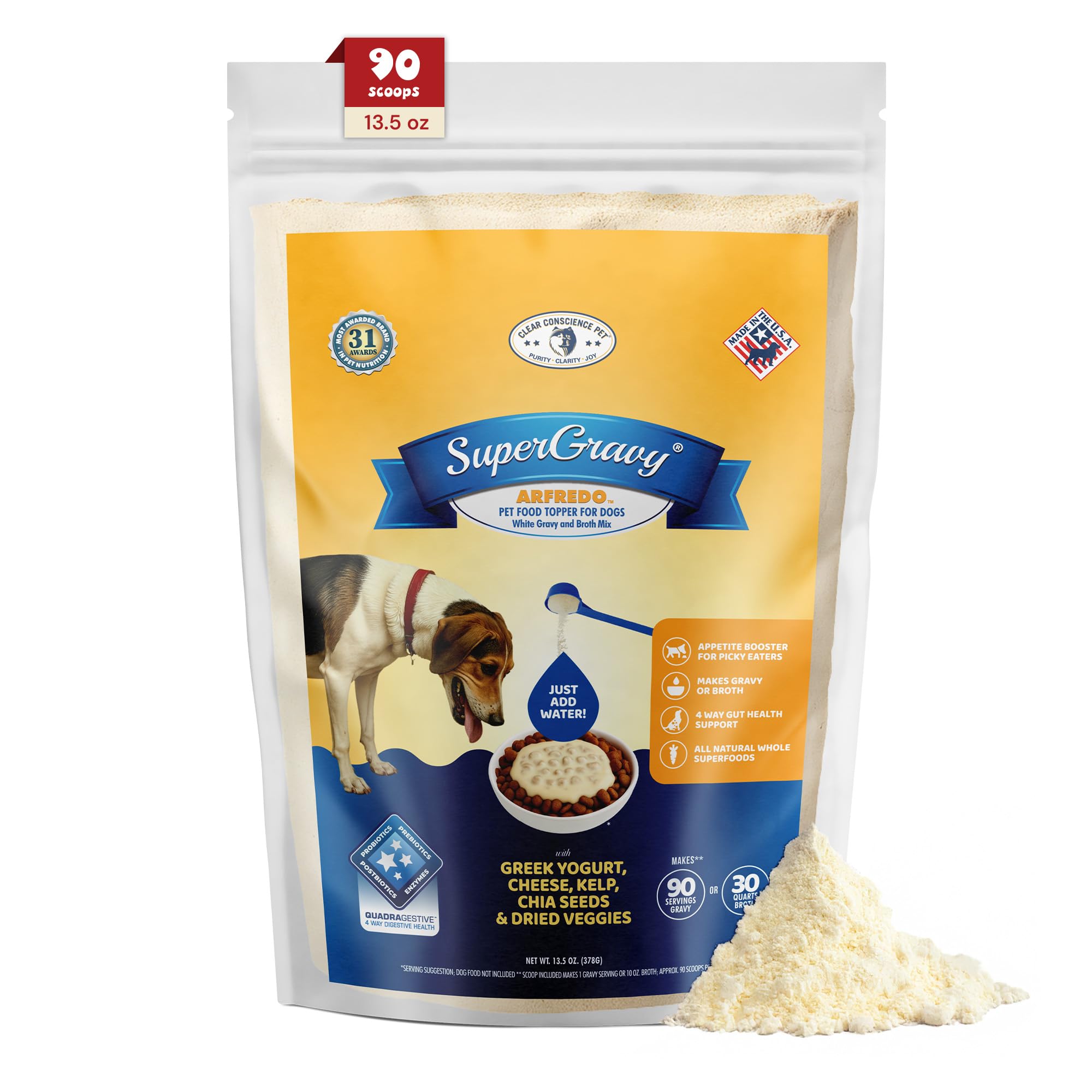 CLEAR CONSCIENCE PET® Arfredo SuperGravy® Dog Food Topper Hydration Broth Mix Greek Yogurt Cheese Blend Kibble Seasoning Probiotics Prebiotics Enzymes Taurine 13.5 oz. 90 Scoop, All Life Stage