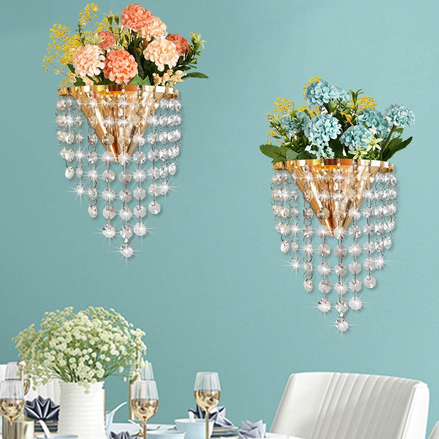 2 Pack Metal Flower Vase for Wall Crystal Vase Decor Hanging Decoration Floral Holder for Home Office Living Room Bedroom Bathroom (Gold)