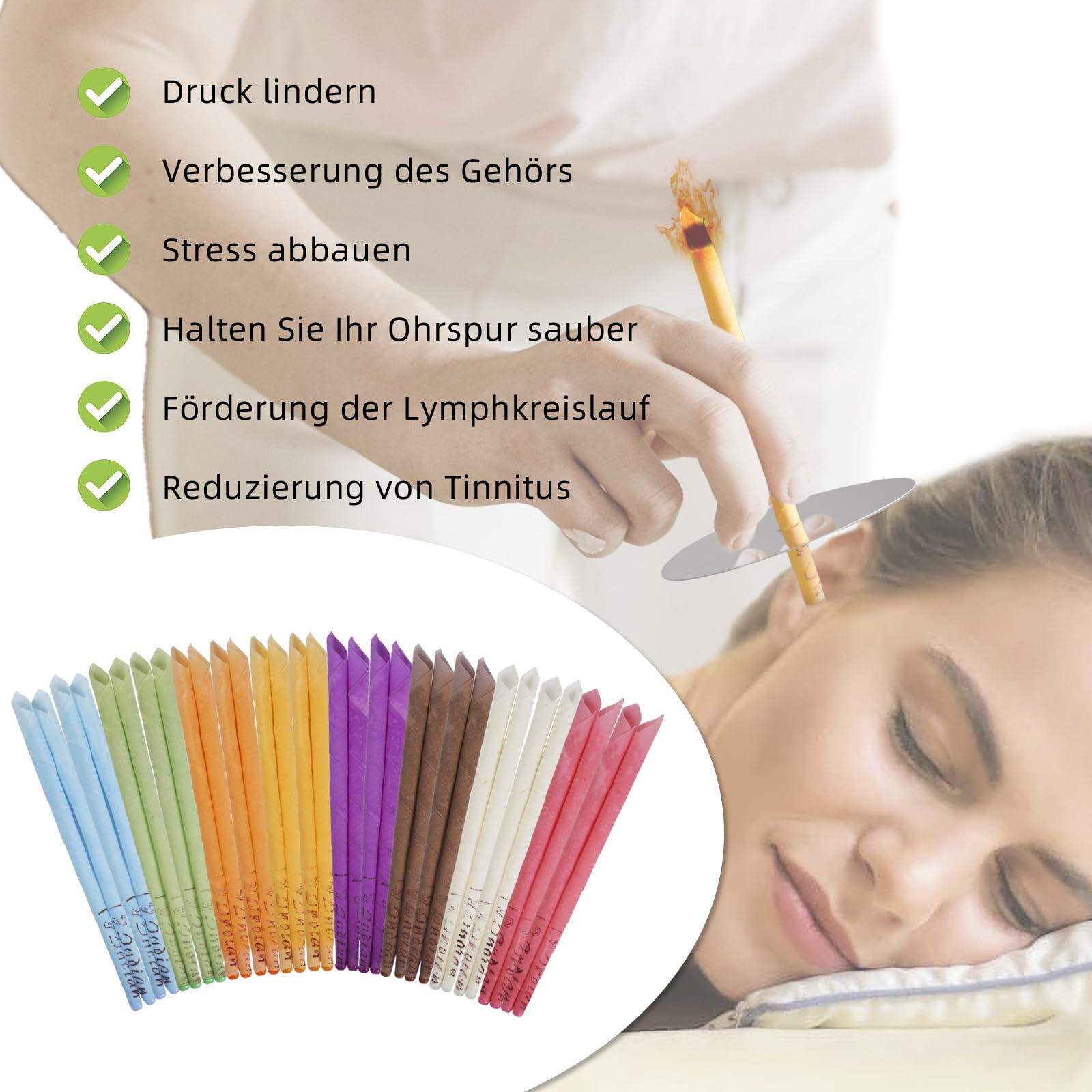 32 Pezzi 8 Diverse Fragranze Coni per Orecchie,25cm Cono Orecchie Cerume con 8 Dischi Protettivi e Tampone di Cotone,per Rimuovere la Cera Dell'orecchio,Relax e Pulizia