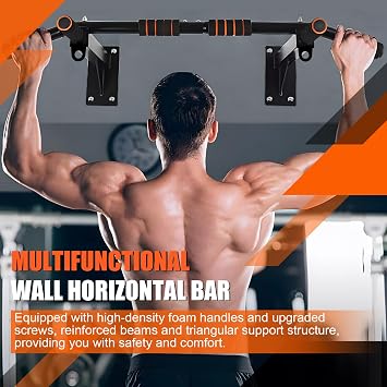 Wall Mounted Pull Up Bar, Multi-Grip Chin Up Bar Up to 440lbs, with 6 Foam Padded Hand Grips and 2 Suspension Hooks, Upper Body Workout Bar for Home Gym Exercise, Strength Training