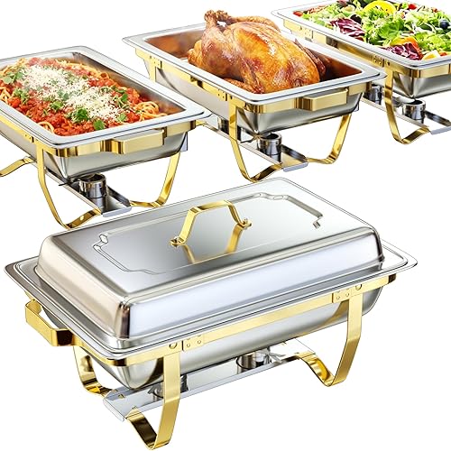 Miniatura 9 de Platos para bufé, 4 unidades, 9 cuartos de galón, de acero inoxidable con 4 sartenes de tamaño completo, servidor calentador rectangular con diseño