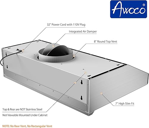 Miniatura 3 de Awoco Campana extractora de acero inoxidable supremo de 30 pulgadas de alto y 7 pulgadas de alto, 4 velocidades, ventilación superior redonda de 8