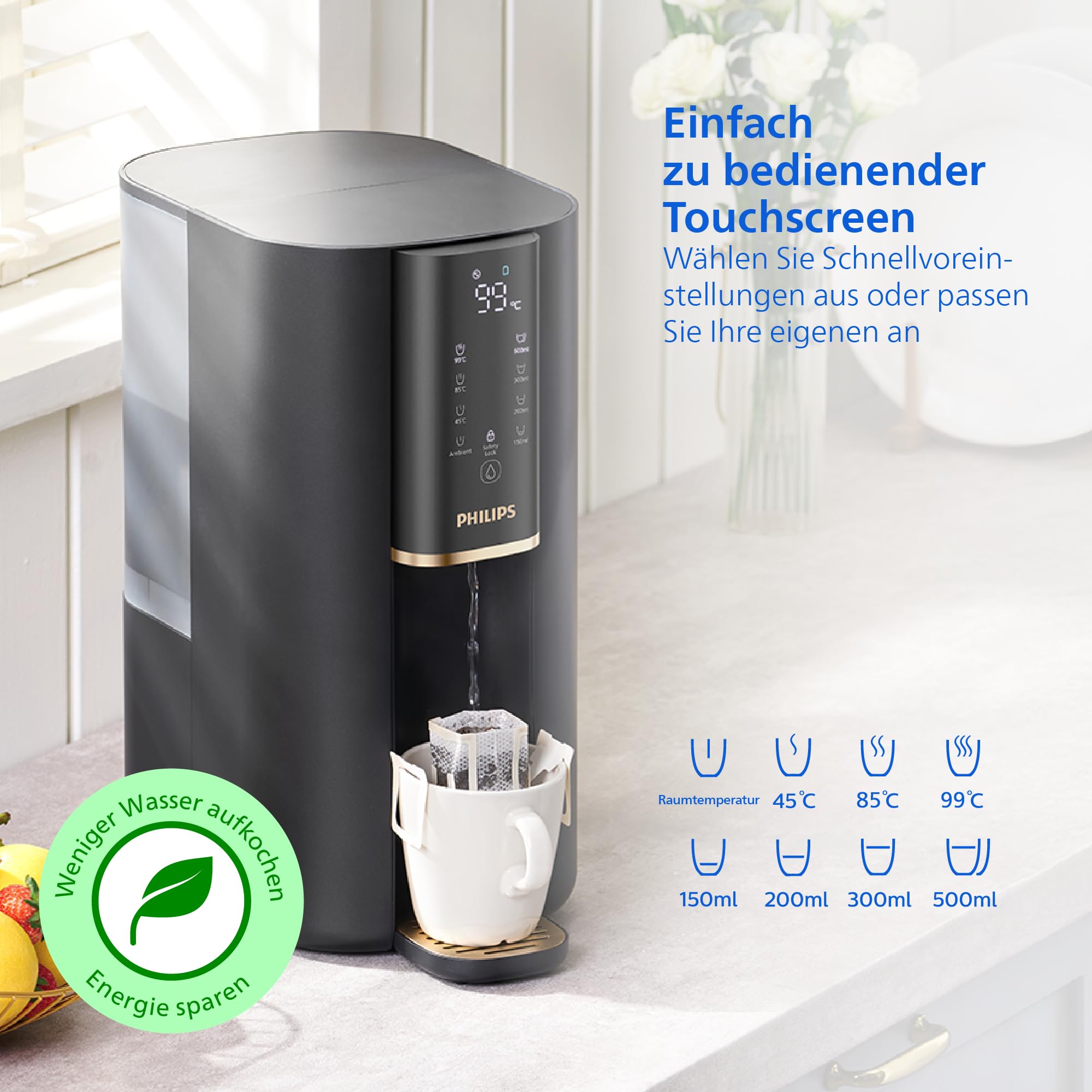 Philips 6100 Umkehrosmose-Wasserspender: Heißes, gereinigtes Wasser in Sekunden, 5-in-1-Umkehrosmosefilter-Filter reduziert >110 Schadstoffe, 3:1 Rein-Abwasser, UV-C-Schutz, keine Installation, 2000L