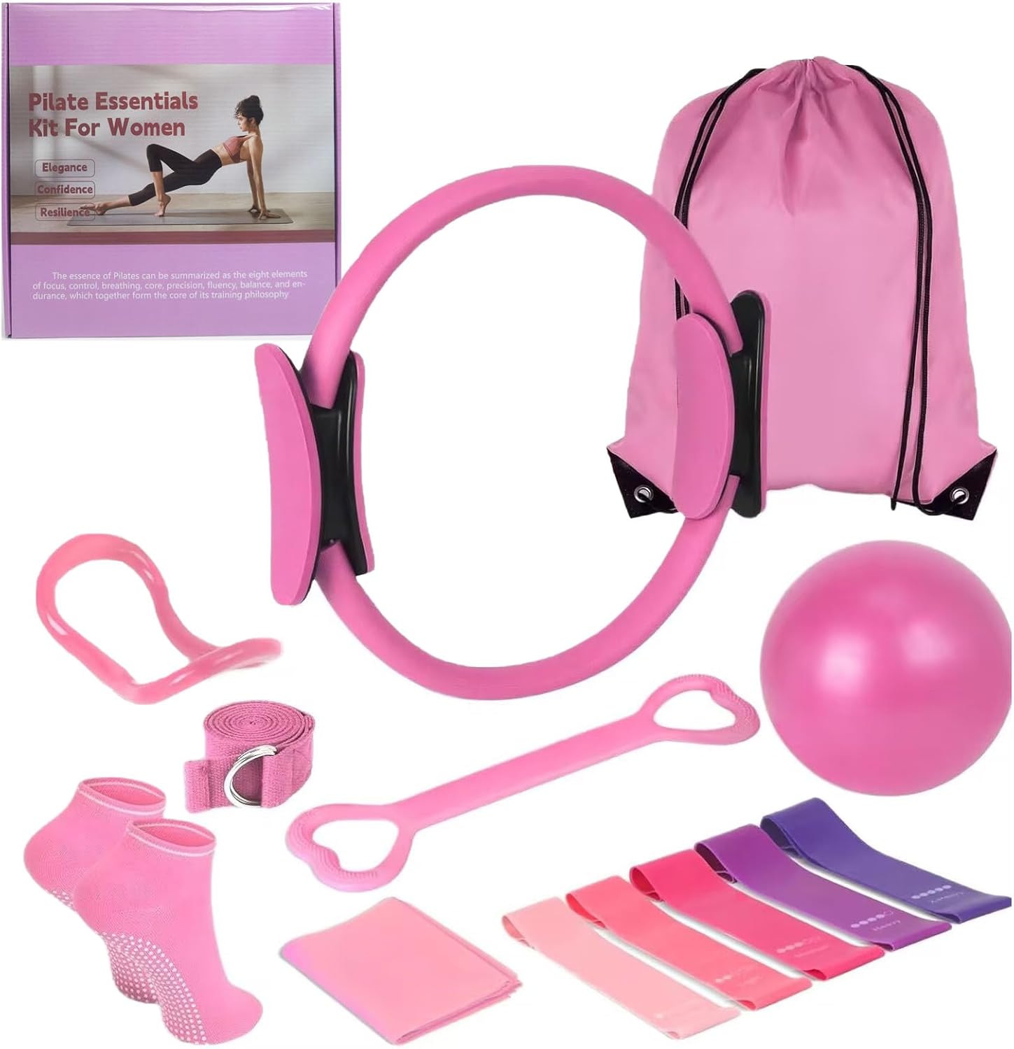 Women's Home Pink Global Pilates 13-Piece Basic Set, Home Pilates Fitness Equipment, Includes Resistance Bands, 14-Inch Magic Circle, Mini Ball, Pilates Strength, Shaping, and Flexibility Starter Kit.