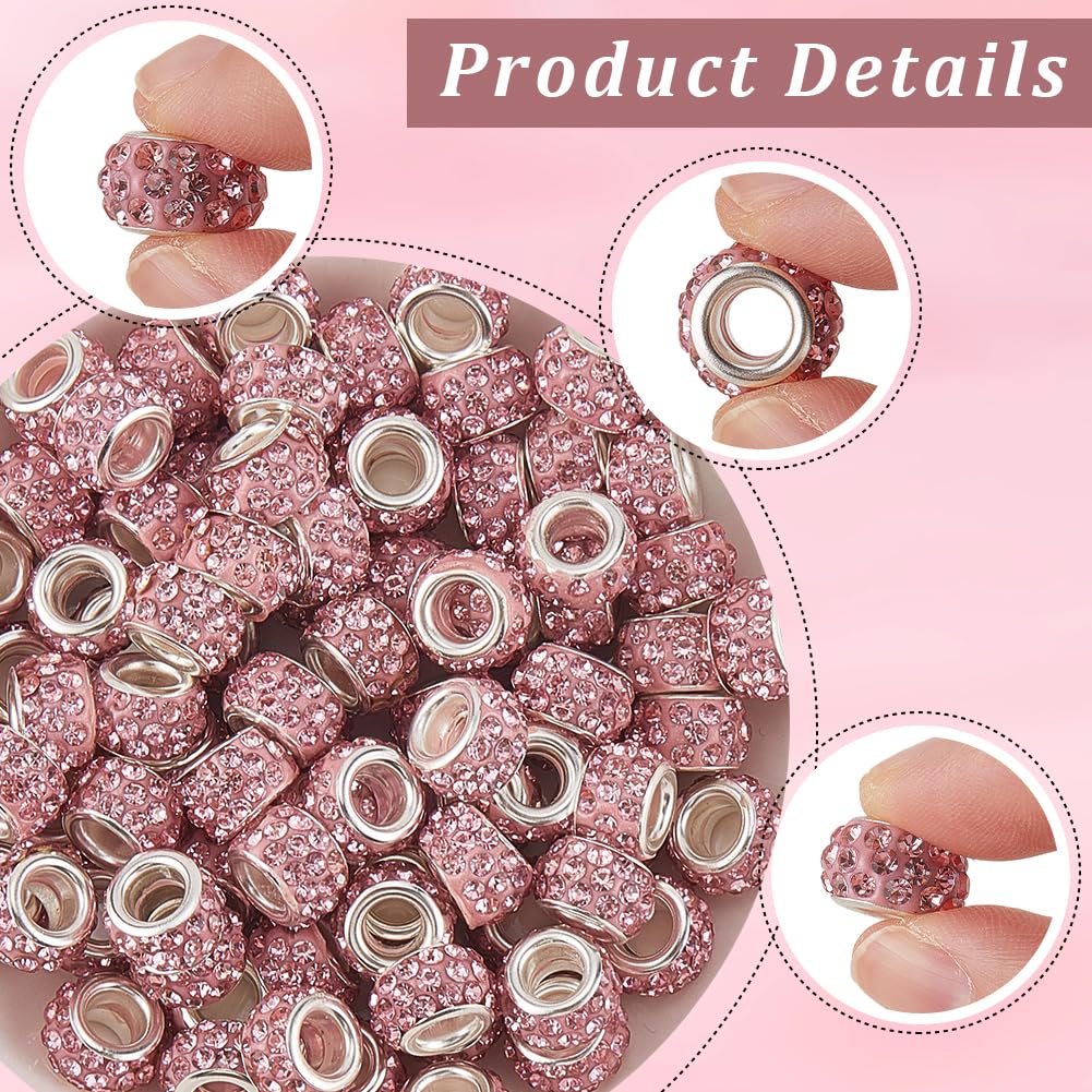 PONABEADIY 1 Box 12MM 80PCS Valentines Day Pink Rhinestone Sparkly Beads Large Hole Valentine Big Holes European Spacer Charms Bead Bulk for Jewellery Making Bracelets Necklace Hair Braids DIY Crafts - Image 4